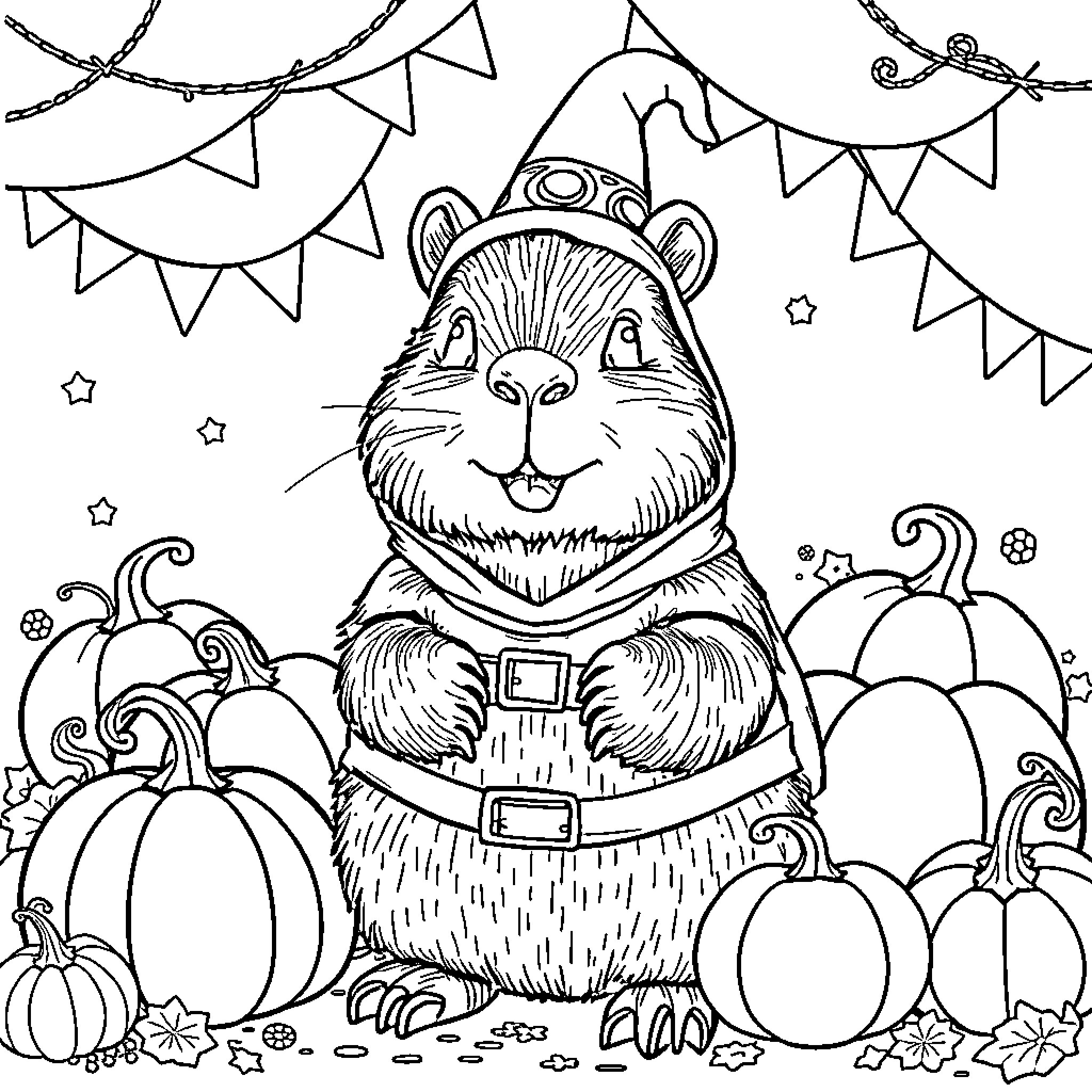 Capybara in party attire among pumpkins and decorations Coloring Page (free black-and-white line drawing printable PDF for all, from beginners to advanced learners, including children, teens, adults, and seniors)
