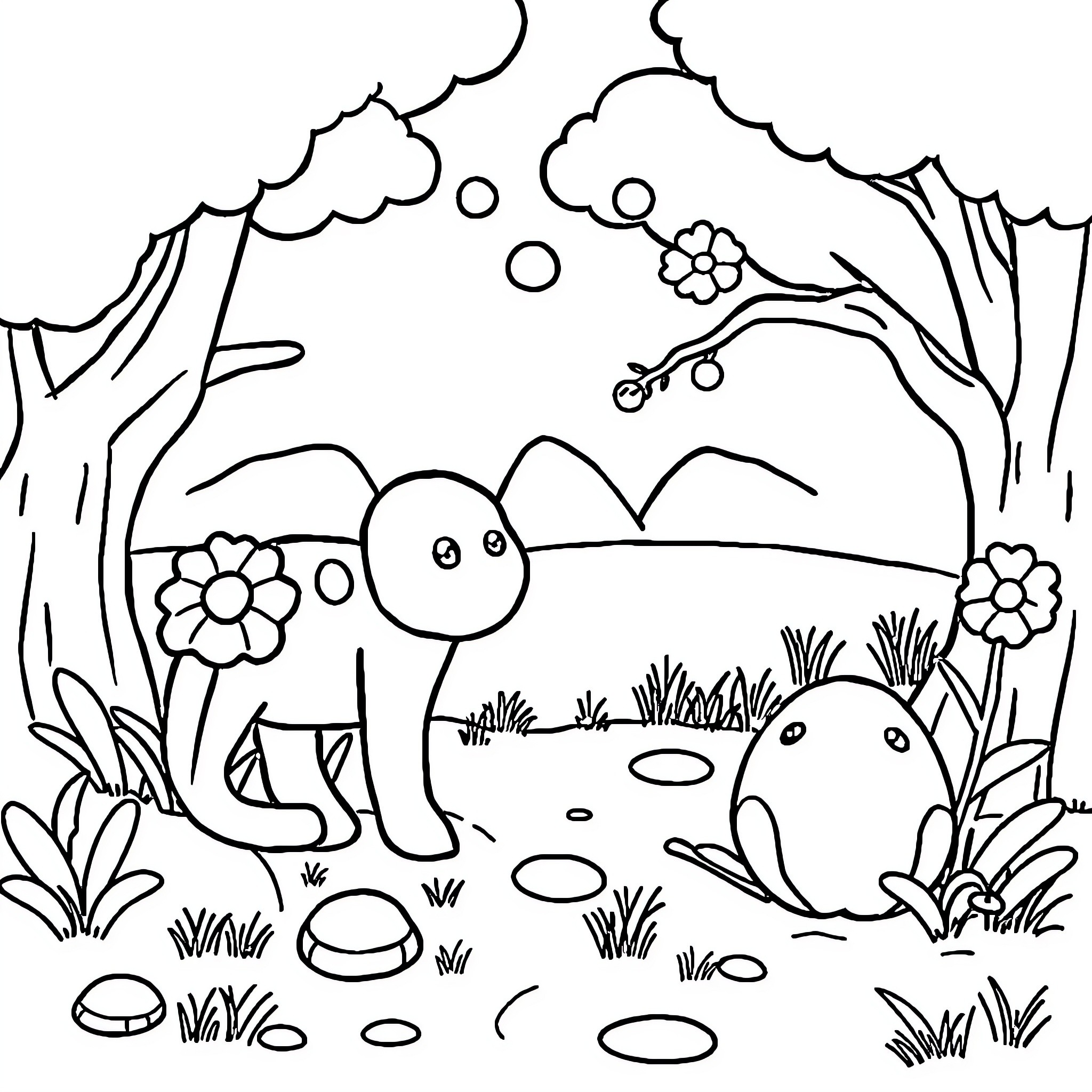 Kids exploring playful forest with animals Coloring Page (free black-and-white line drawing printable PDF for all, from beginners to advanced learners, including children, teens, adults, and seniors)