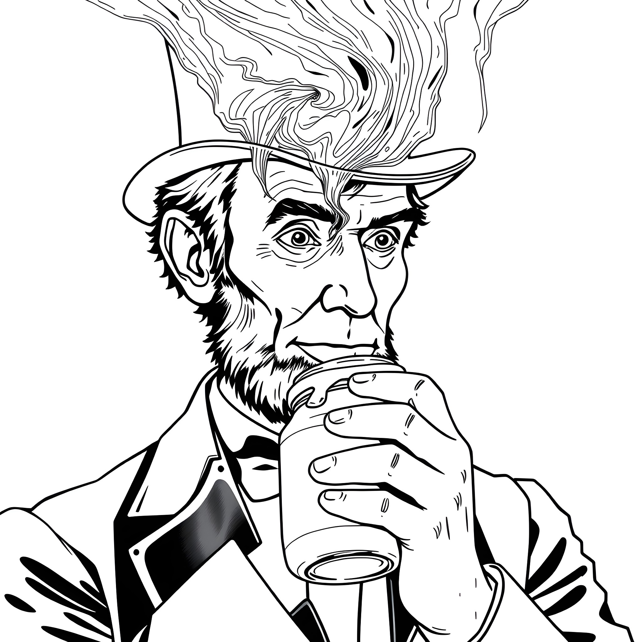 Abraham Lincoln Smoking a Cigar with Fiery Hair Coloring Page (free black-and-white line drawing printable PDF for all, from beginners to advanced learners, including children, teens, adults, and seniors)