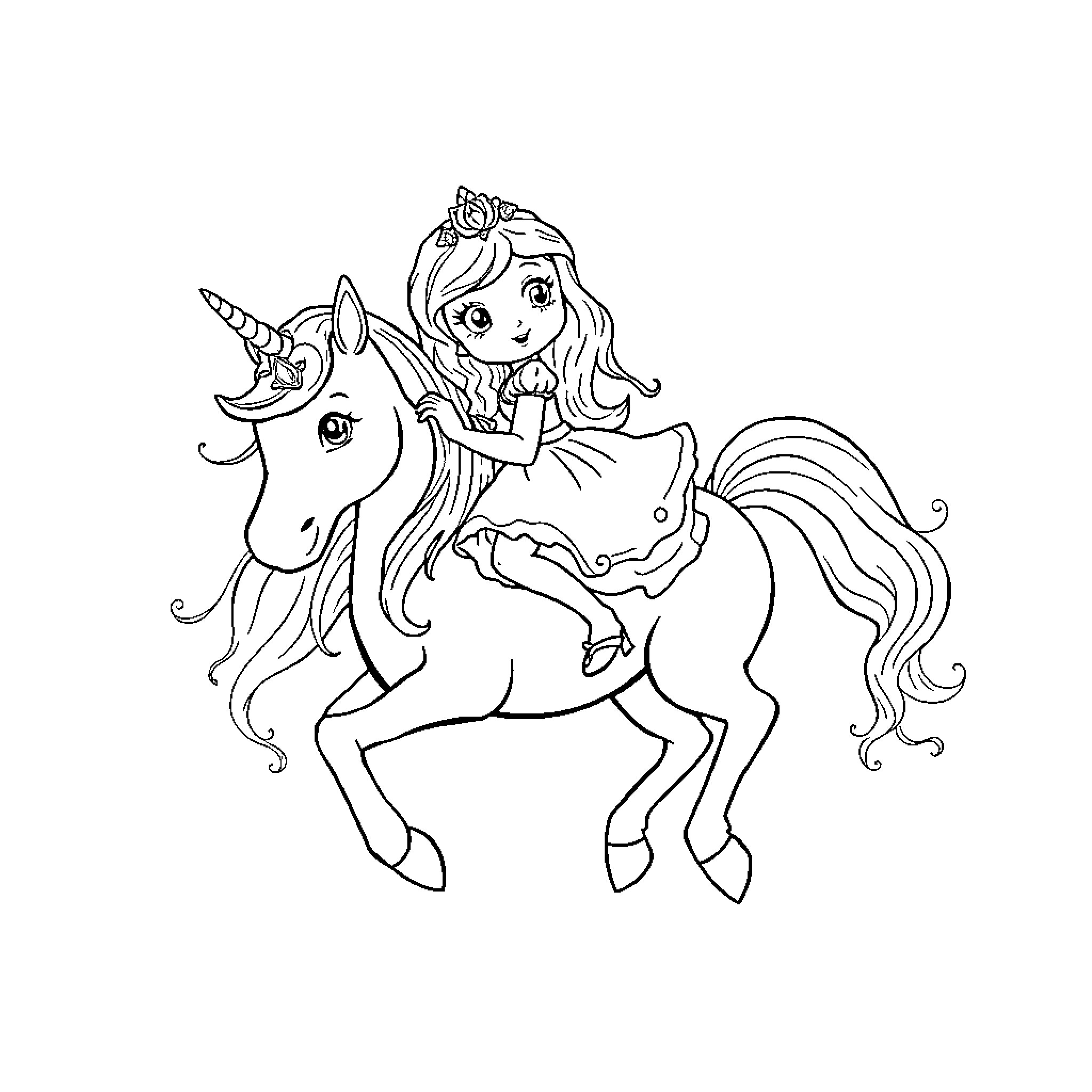 Unicorn princess riding her steed in fantasy world Coloring Page (free black-and-white line drawing printable PDF for all, from beginners to advanced learners, including children, teens, adults, and seniors)