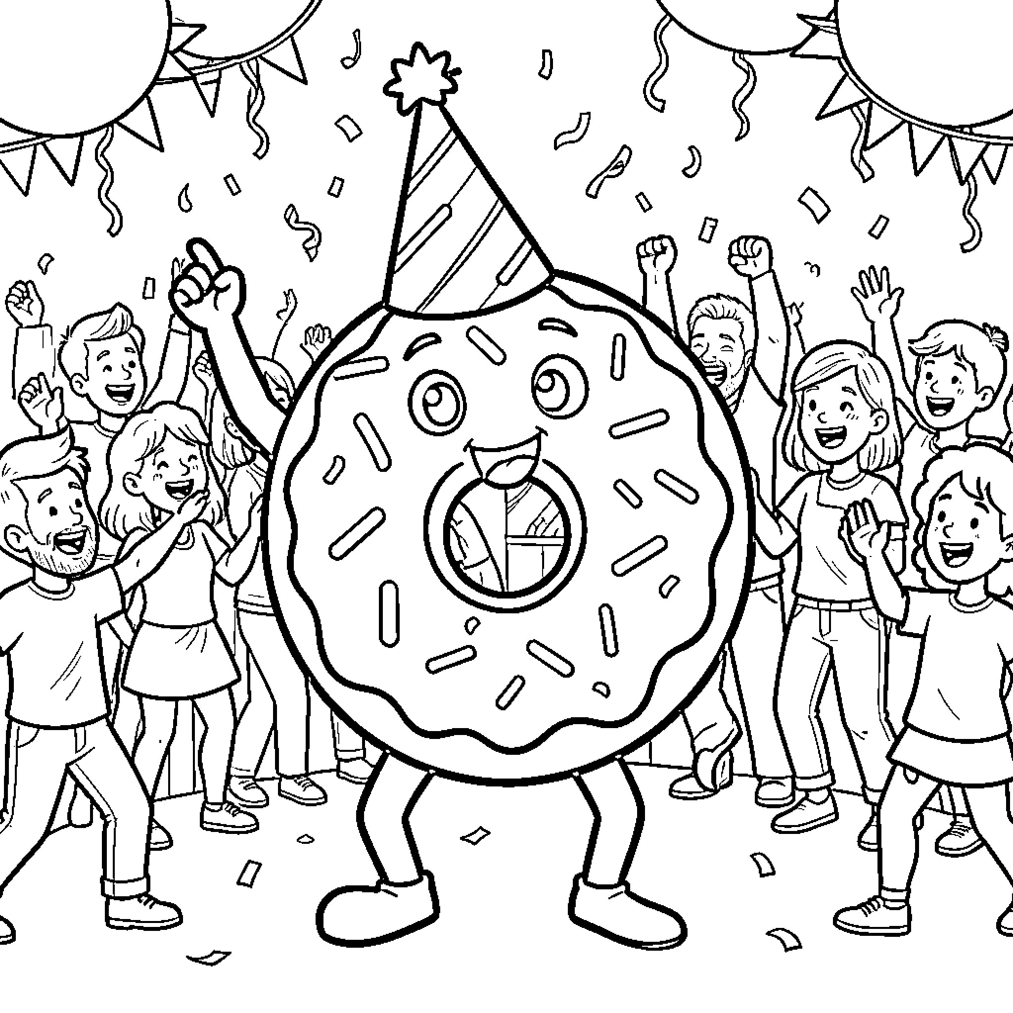 Donut Man celebrating joyfully at a lively party Coloring Page (free black-and-white line drawing printable PDF for all, from beginners to advanced learners, including children, teens, adults, and seniors)