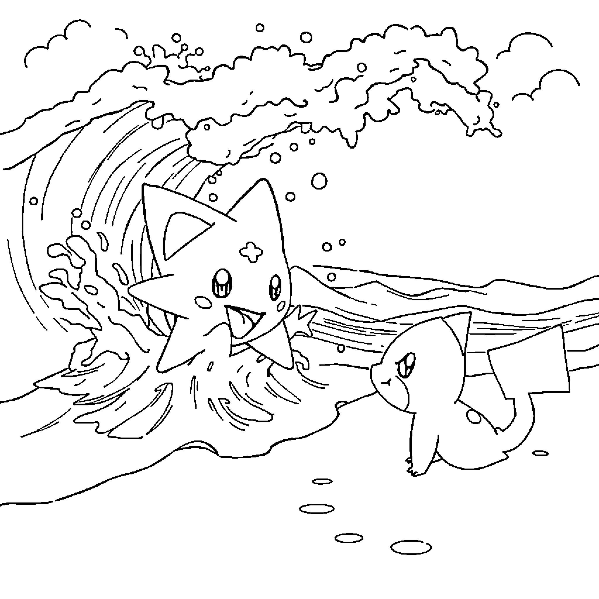 Staryu and Starmie playing in the ocean waves Coloring Page (free black-and-white line drawing printable PDF for all, from beginners to advanced learners, including children, teens, adults, and seniors)