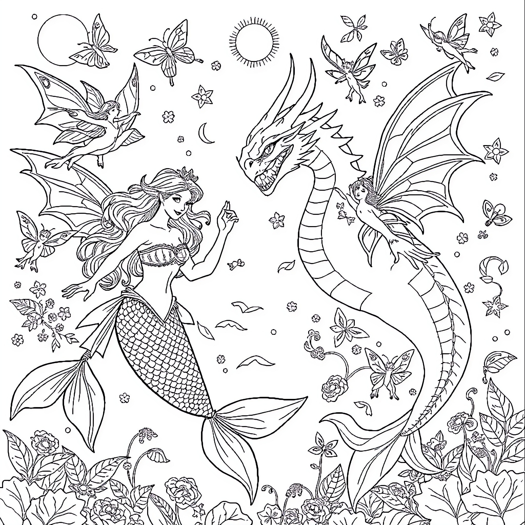 Mermaid swimming playfully with a dragon in a fantasy world Coloring Page (free black-and-white line drawing printable PDF for all, from beginners to advanced learners, including children, teens, adults, and seniors)