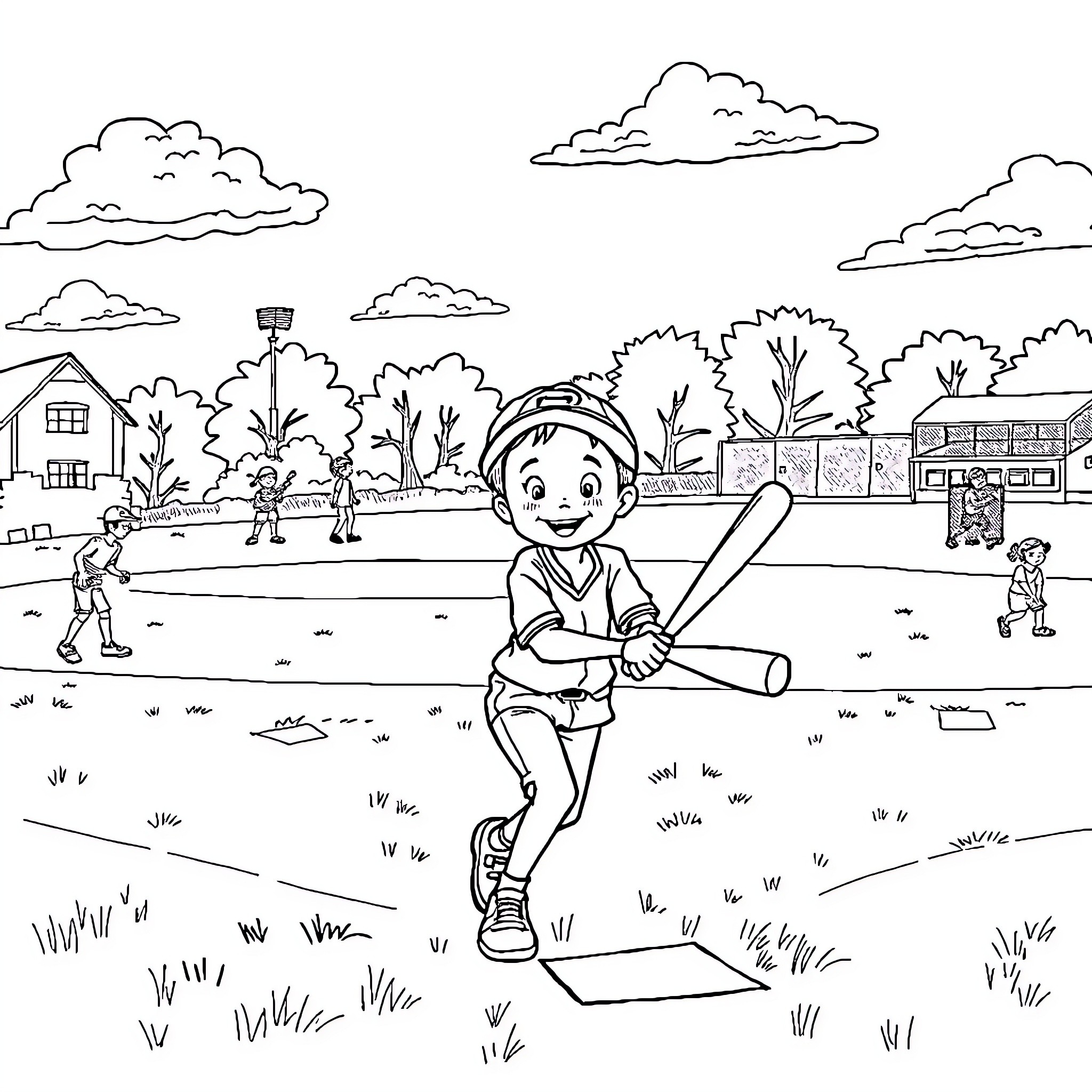 Boy playing baseball on the field Coloring Page (free black-and-white line drawing printable PDF for all, from beginners to advanced learners, including children, teens, adults, and seniors)