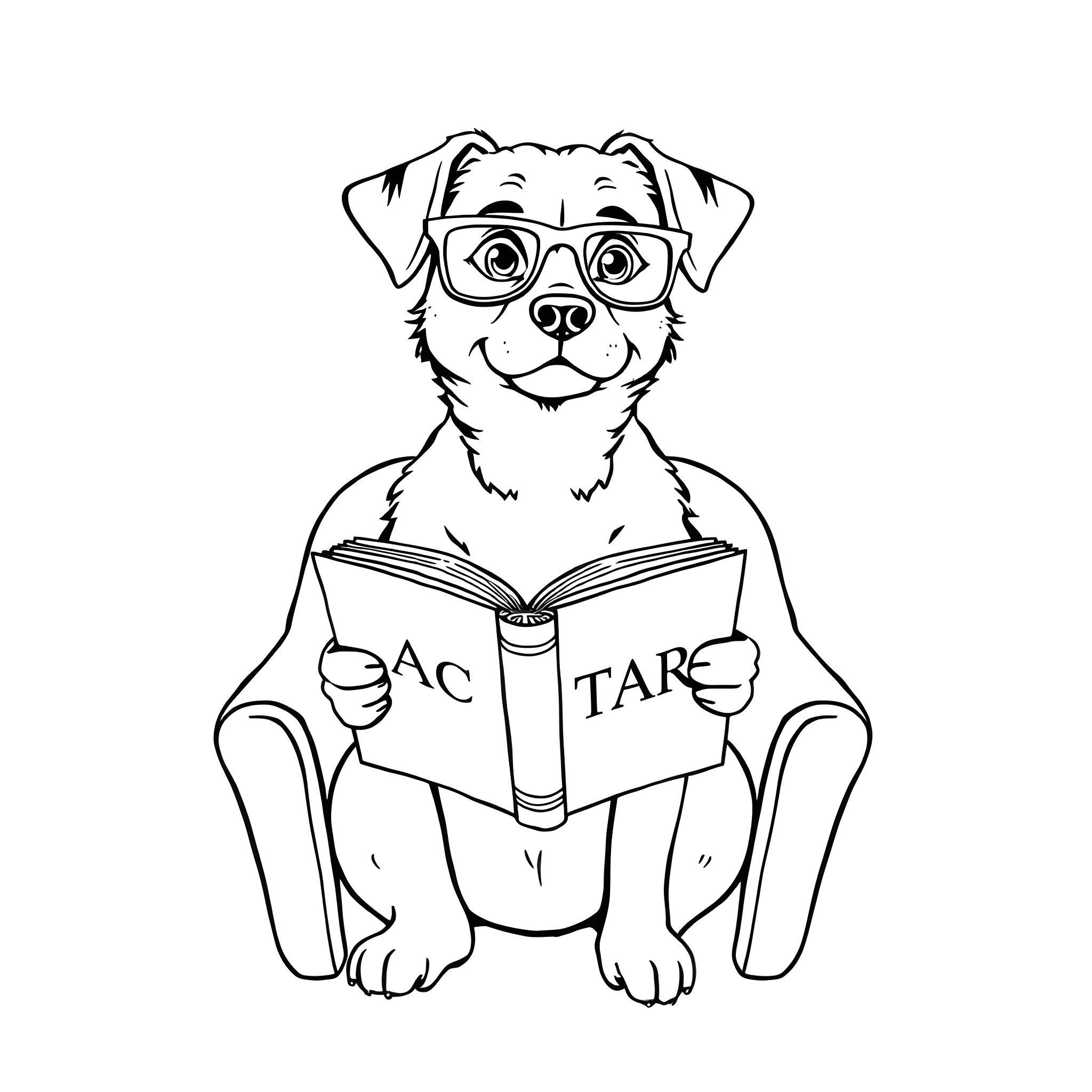 Dog Reading a Book with Glasses Coloring Page (free black-and-white line drawing printable PDF for all, from beginners to advanced learners, including children, teens, adults, and seniors)