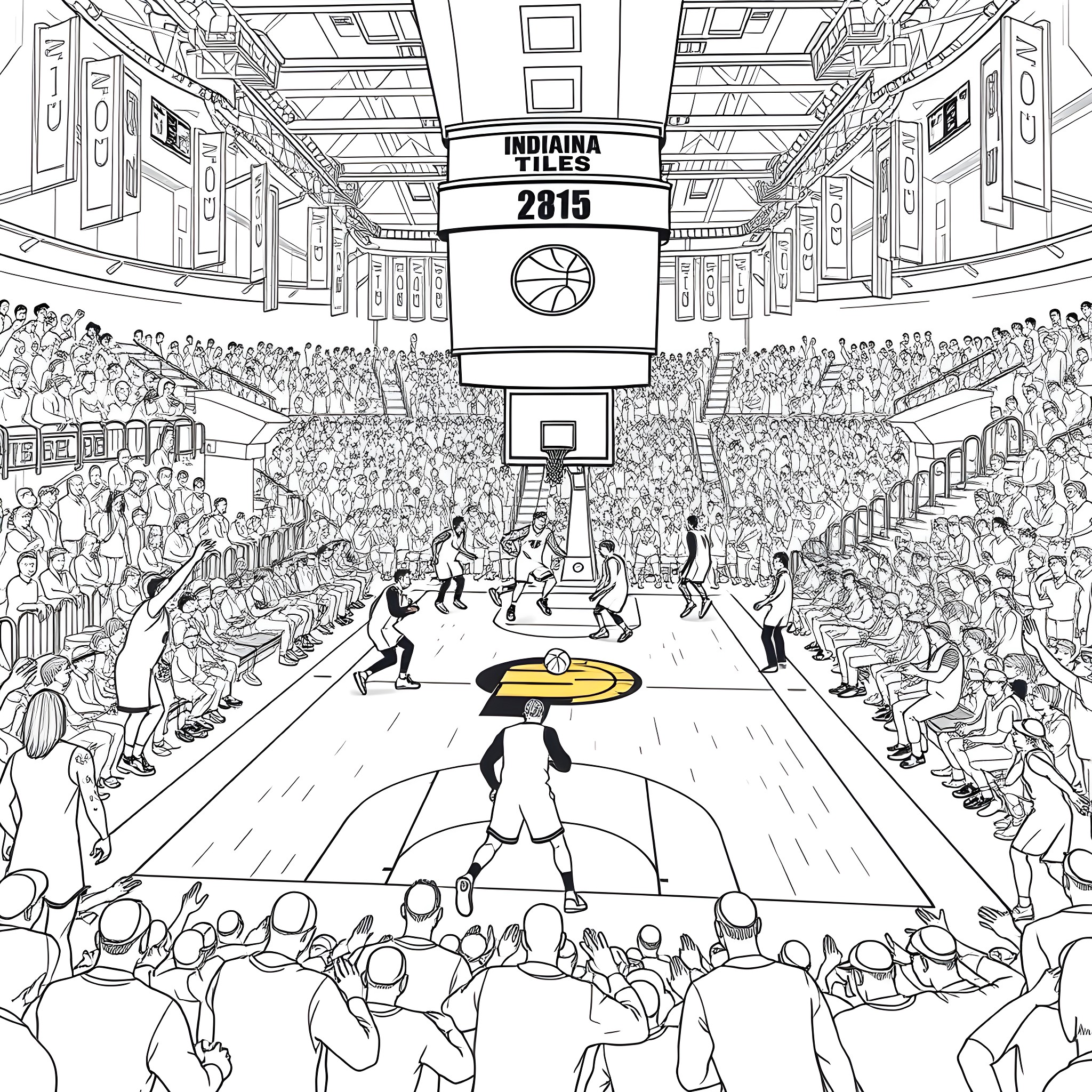 Basketball game in an indoor arena with players and audience Coloring Page (free black-and-white line drawing printable PDF for all, from beginners to advanced learners, including children, teens, adults, and seniors)