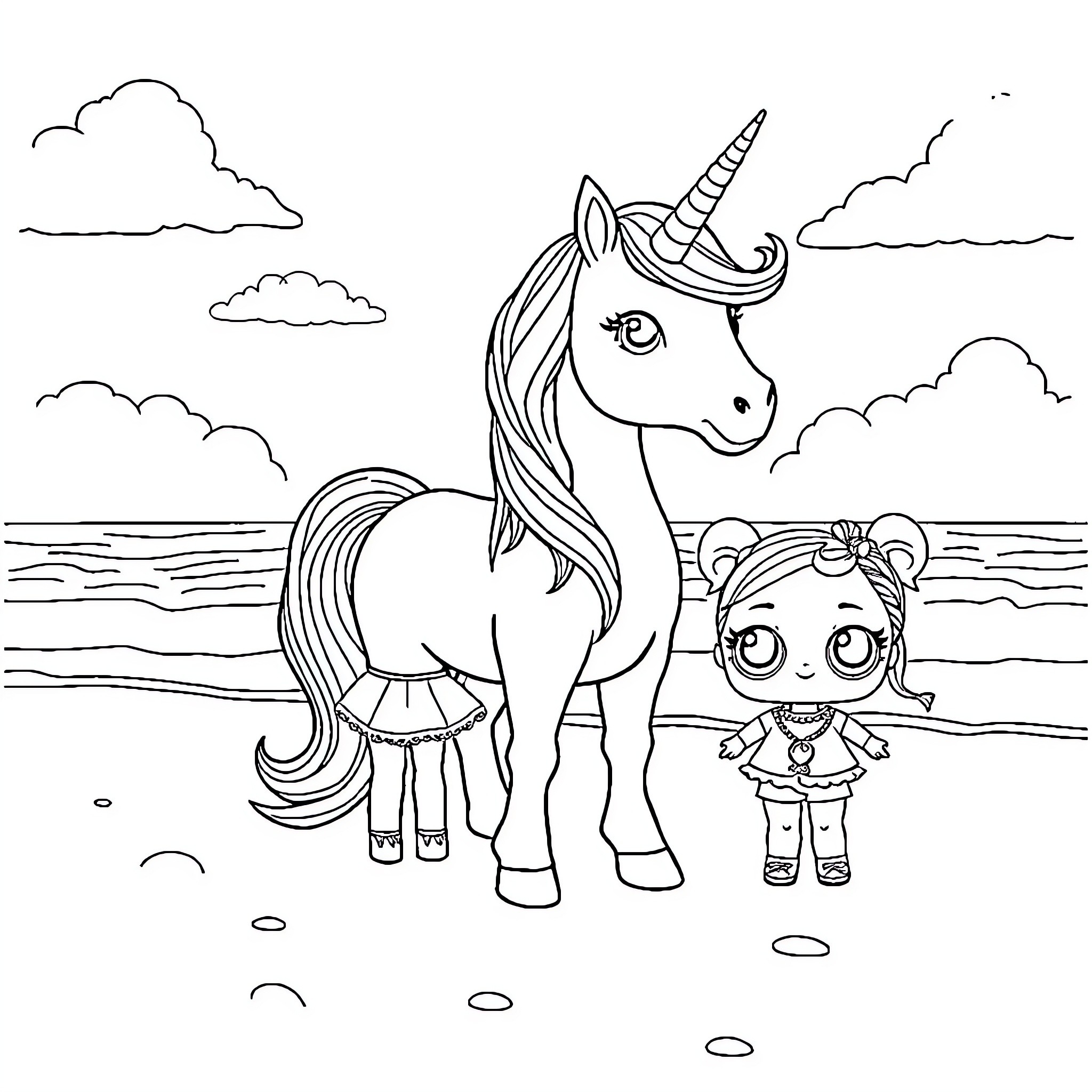 Unicorn and doll playing by the shore Coloring Page (free black-and-white line drawing printable PDF for all, from beginners to advanced learners, including children, teens, adults, and seniors)