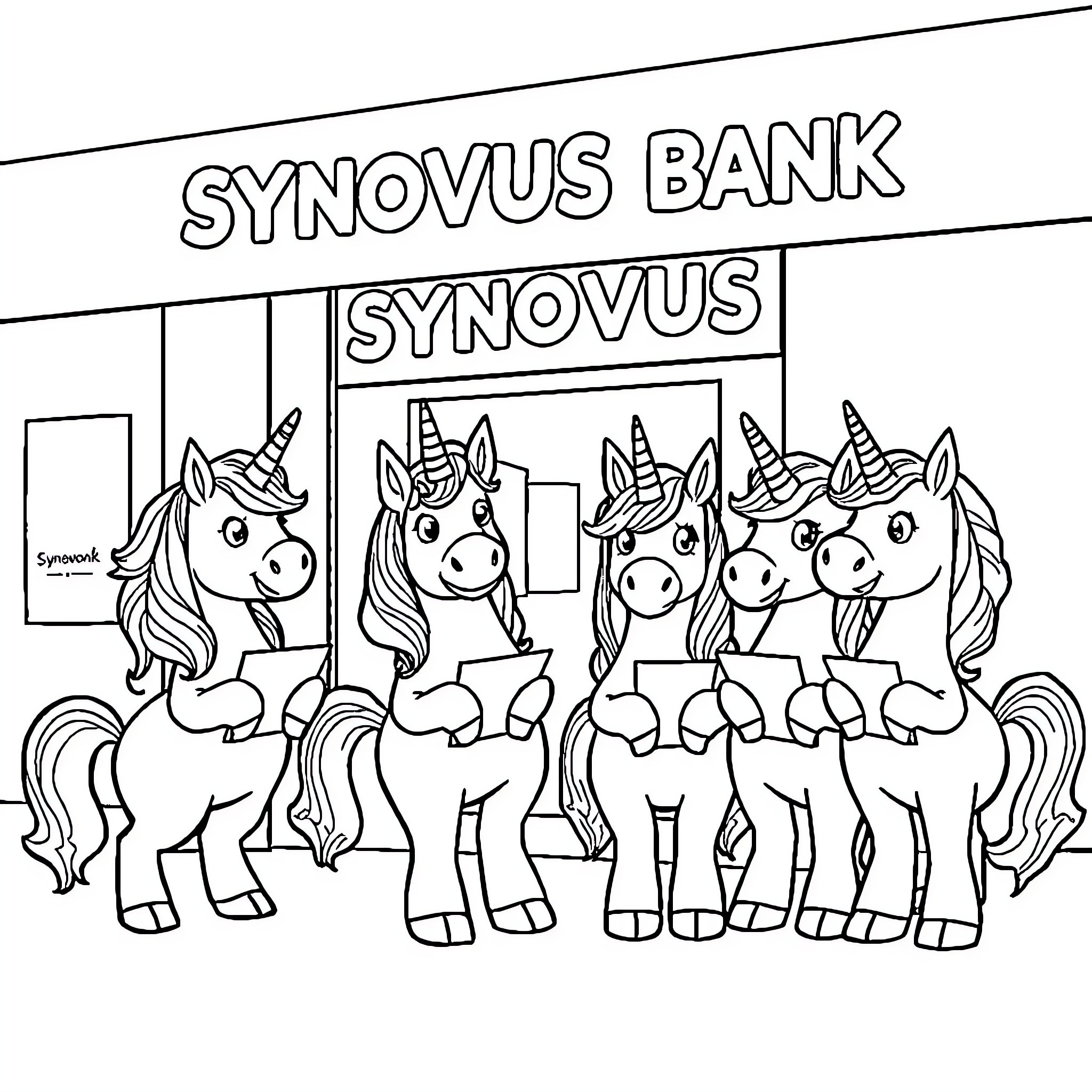 Unicorn Bank with Friendly Unicorns Coloring Page (free black-and-white line drawing printable PDF for all, from beginners to advanced learners, including children, teens, adults, and seniors)