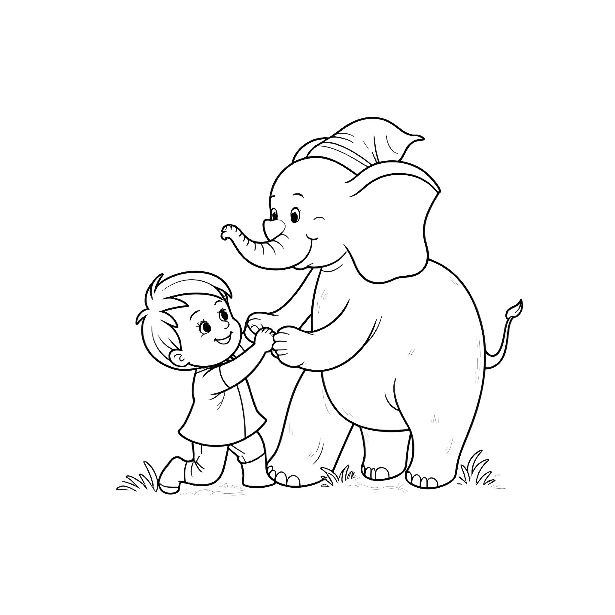 Junior Elephant and Boy Playing Together Coloring Page (free black-and-white line drawing printable PDF for all, from beginners to advanced learners, including children, teens, adults, and seniors)