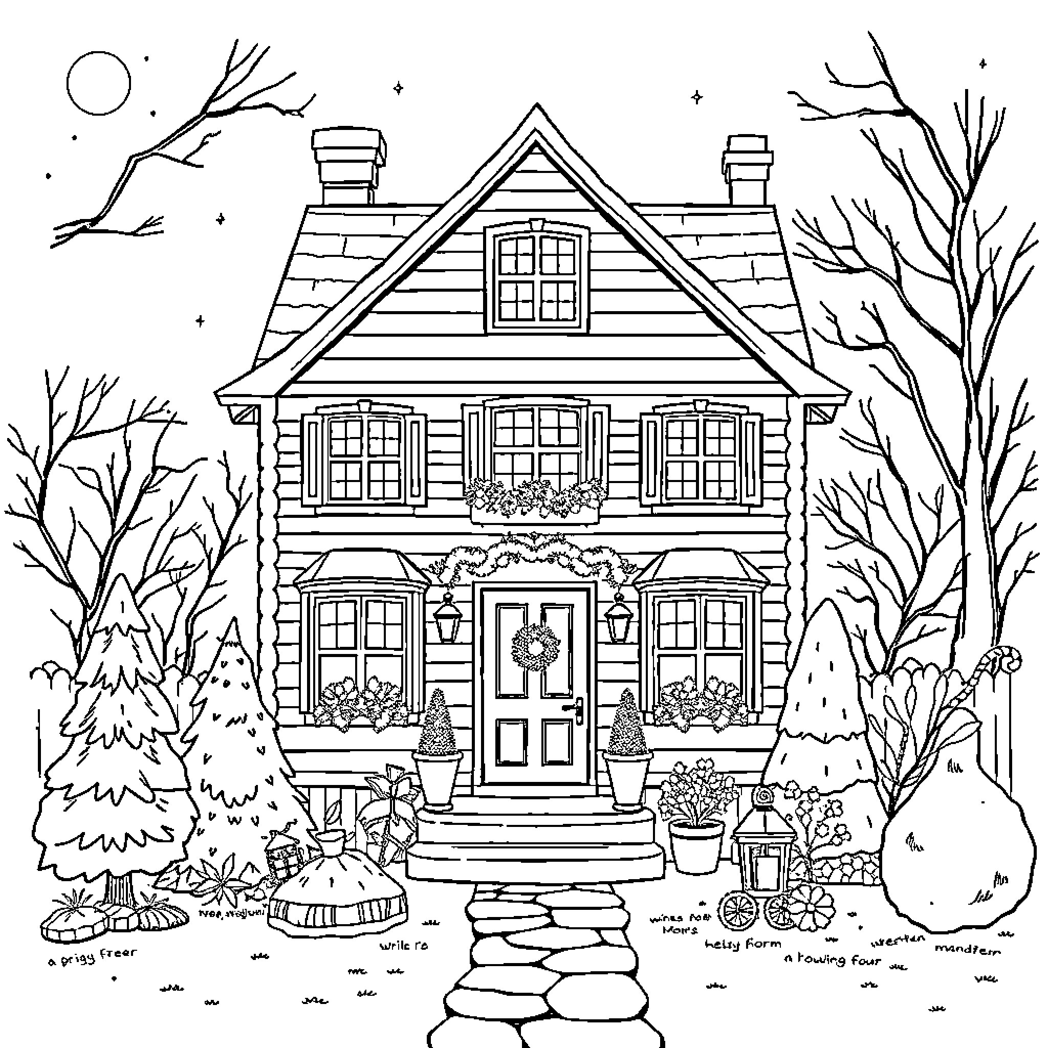 House with decorations and winter scenery Coloring Page (free black-and-white line drawing printable PDF for all, from beginners to advanced learners, including children, teens, adults, and seniors)