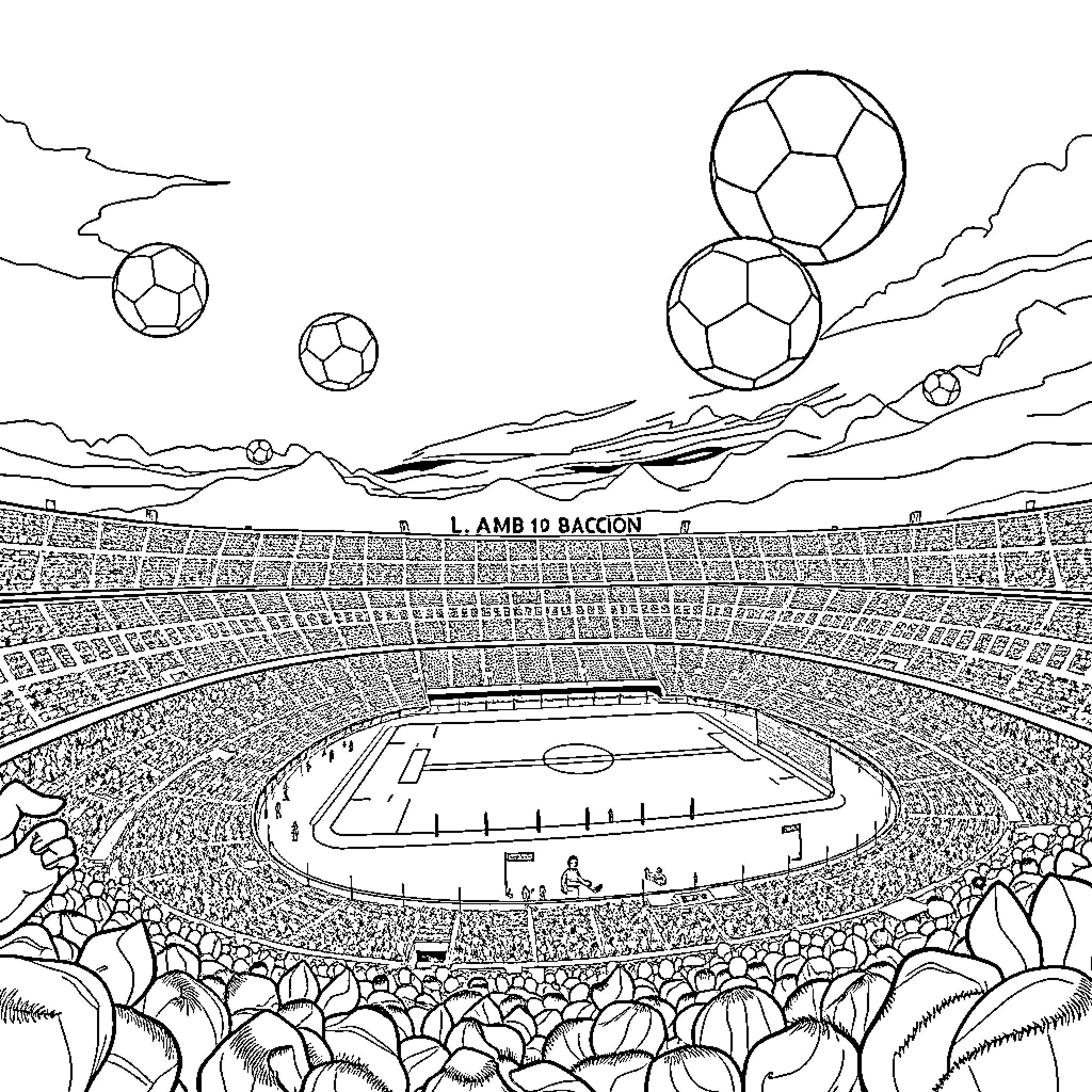 Camp Nou - Fans Cheering at a Soccer Stadium Coloring Page (free black-and-white line drawing printable PDF for all, from beginners to advanced learners, including children, teens, adults, and seniors)