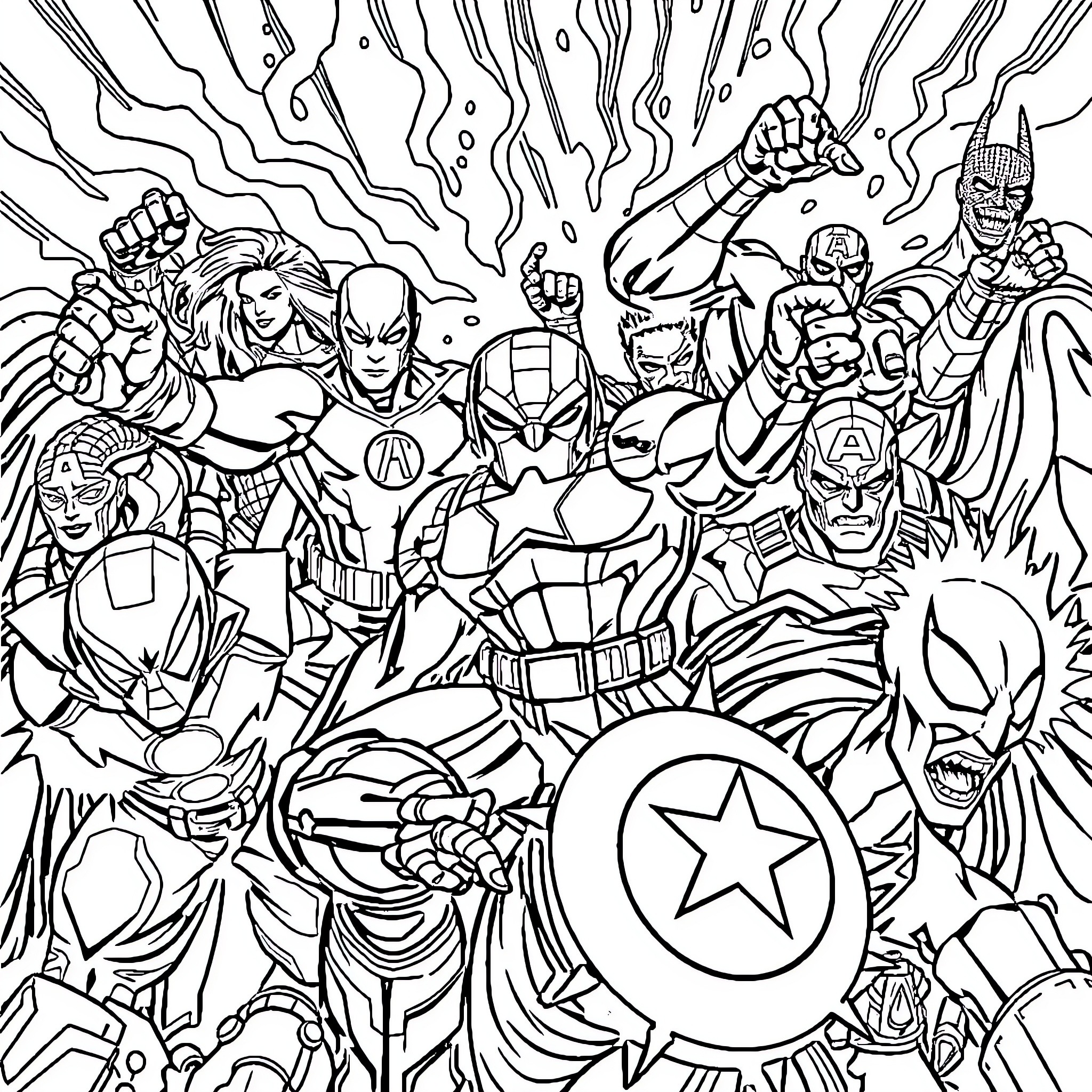 Marvel Superheroes in Action-Packed Chaos Coloring Page (free black-and-white line drawing printable PDF for all, from beginners to advanced learners, including children, teens, adults, and seniors)