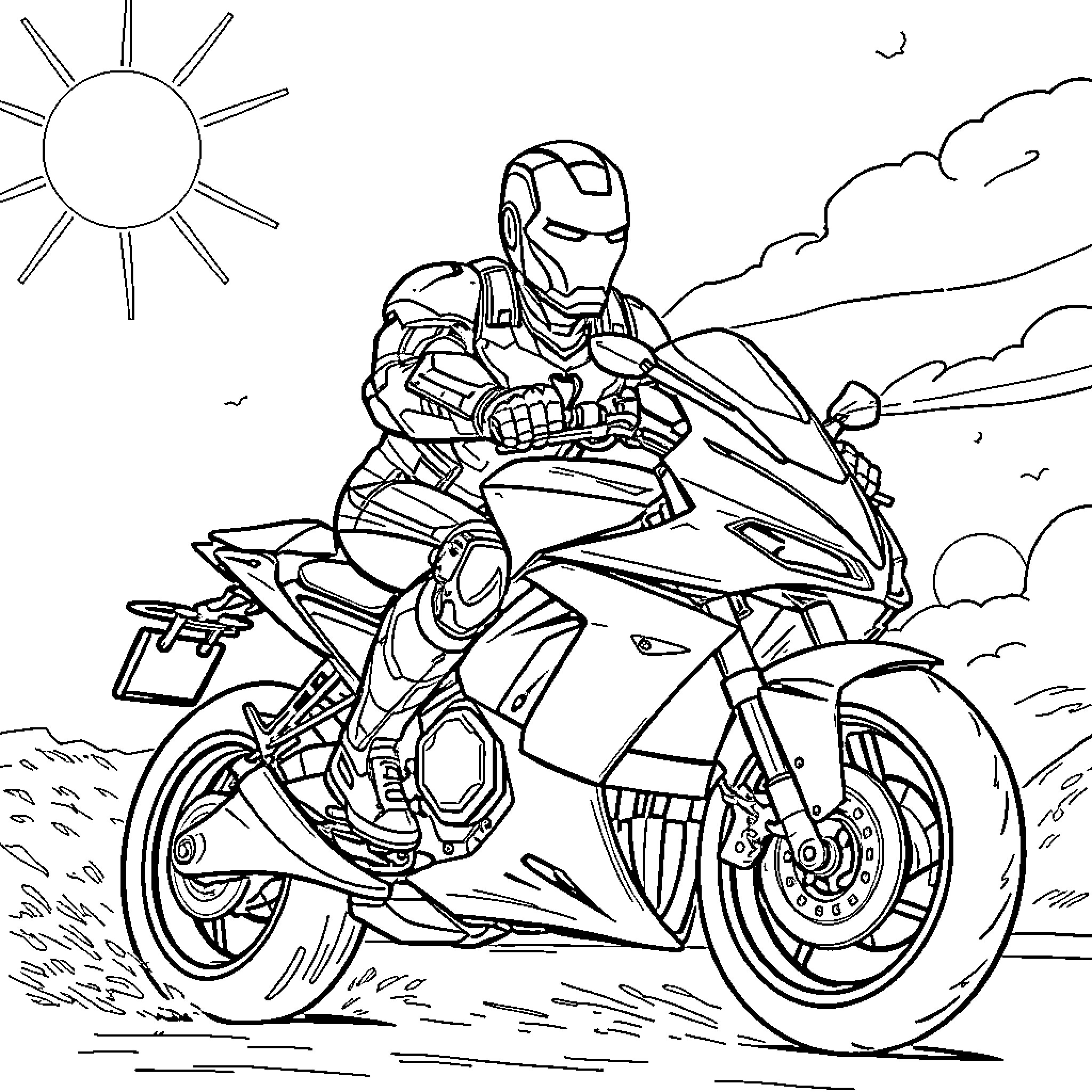 Ironman riding a high-tech motorcycle in the countryside Coloring Page (free black-and-white line drawing printable PDF for all, from beginners to advanced learners, including children, teens, adults, and seniors)