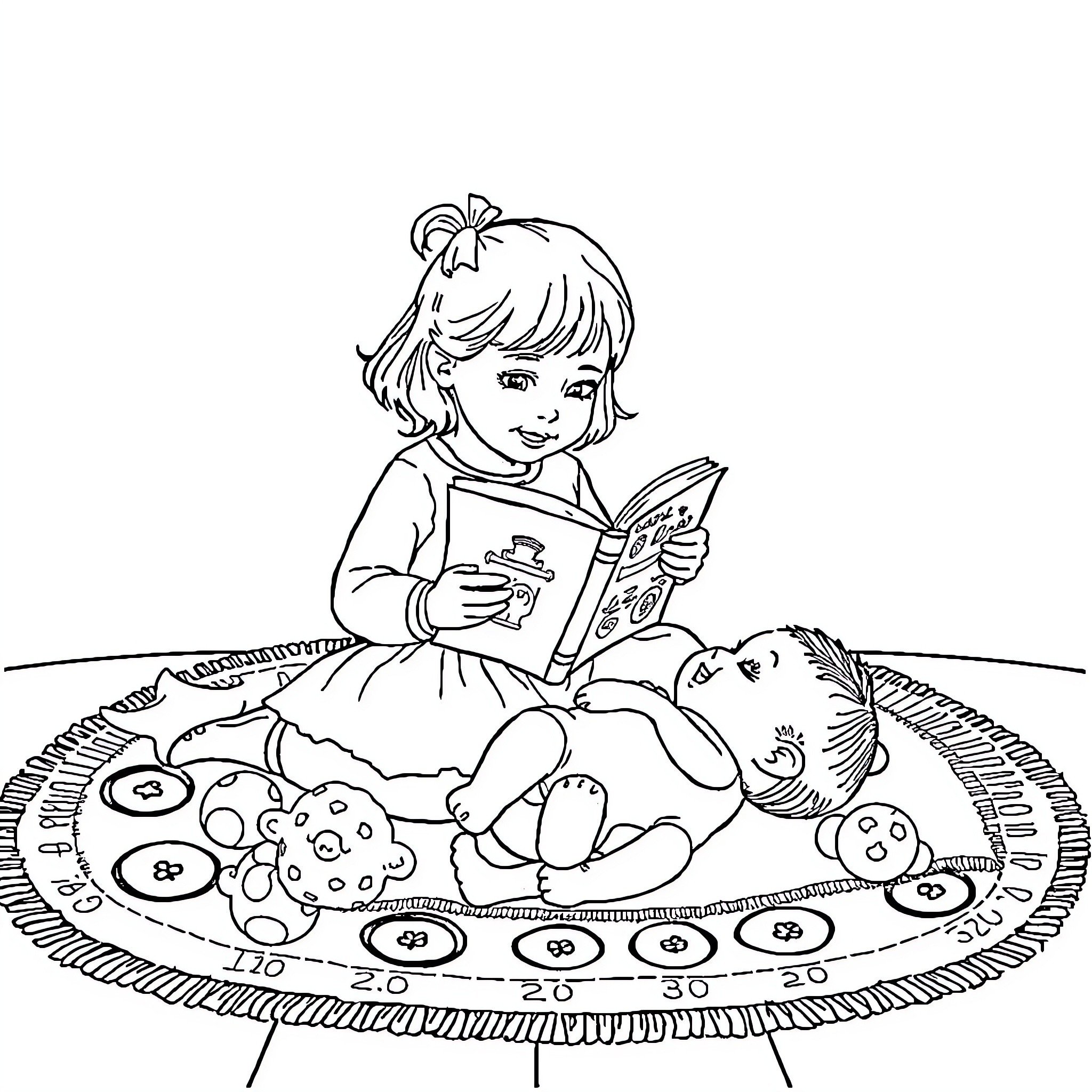 Girl reading book on picnic blanket Coloring Page (free black-and-white line drawing printable PDF for all, from beginners to advanced learners, including children, teens, adults, and seniors)