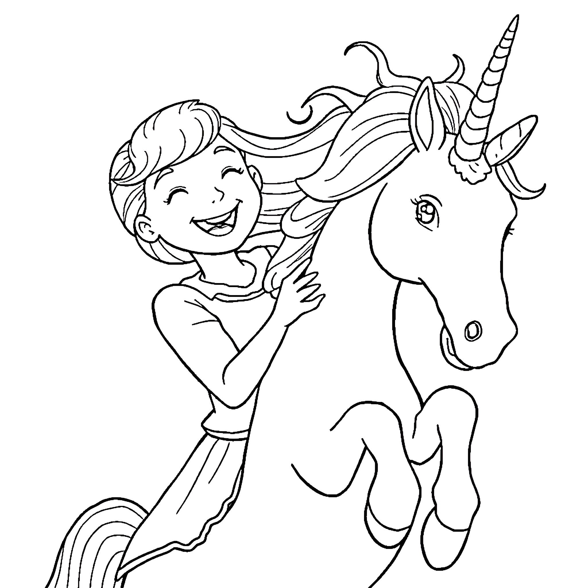 Pippi Longstocking happily embracing a unicorn Coloring Page (free black-and-white line drawing printable PDF for all, from beginners to advanced learners, including children, teens, adults, and seniors)