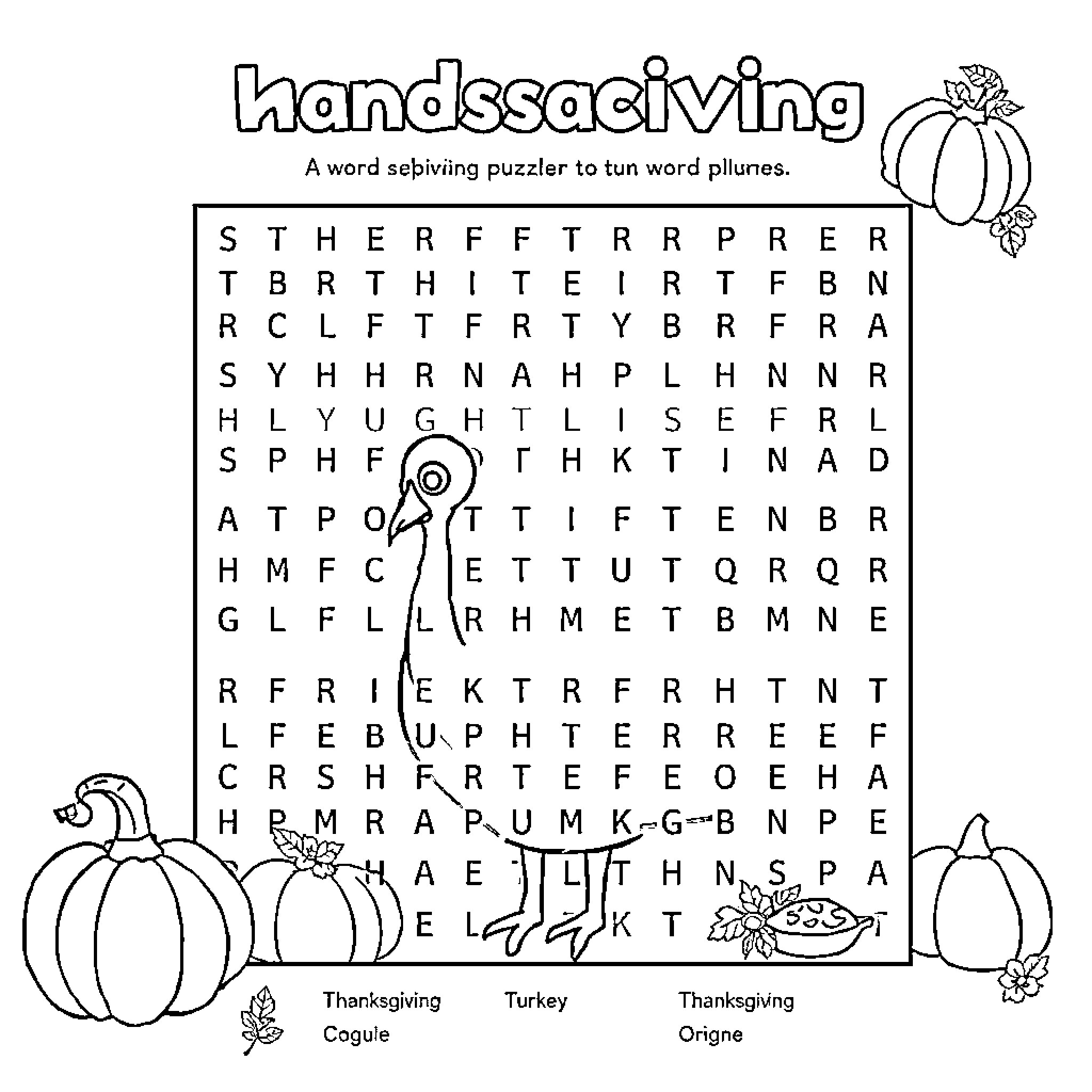 Thanksgiving themed word search puzzle Coloring Page (free black-and-white line drawing printable PDF for all, from beginners to advanced learners, including children, teens, adults, and seniors)
