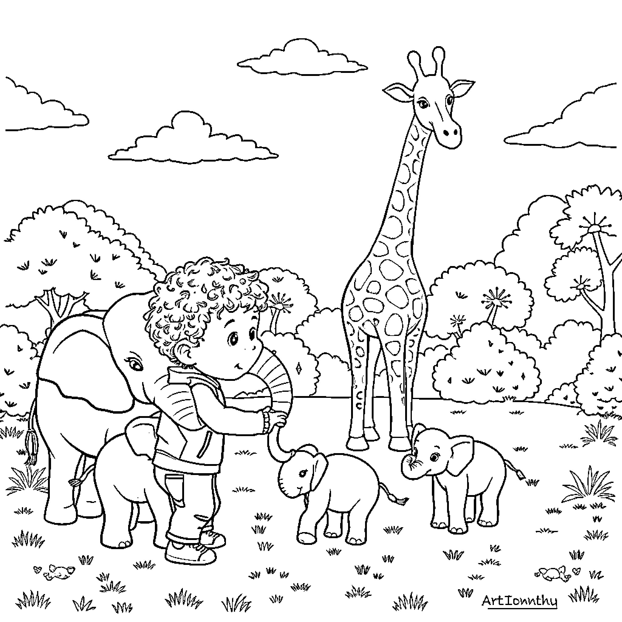 Boy plays with happy animals in the wild Coloring Page (free black-and-white line drawing printable PDF for all, from beginners to advanced learners, including children, teens, adults, and seniors)