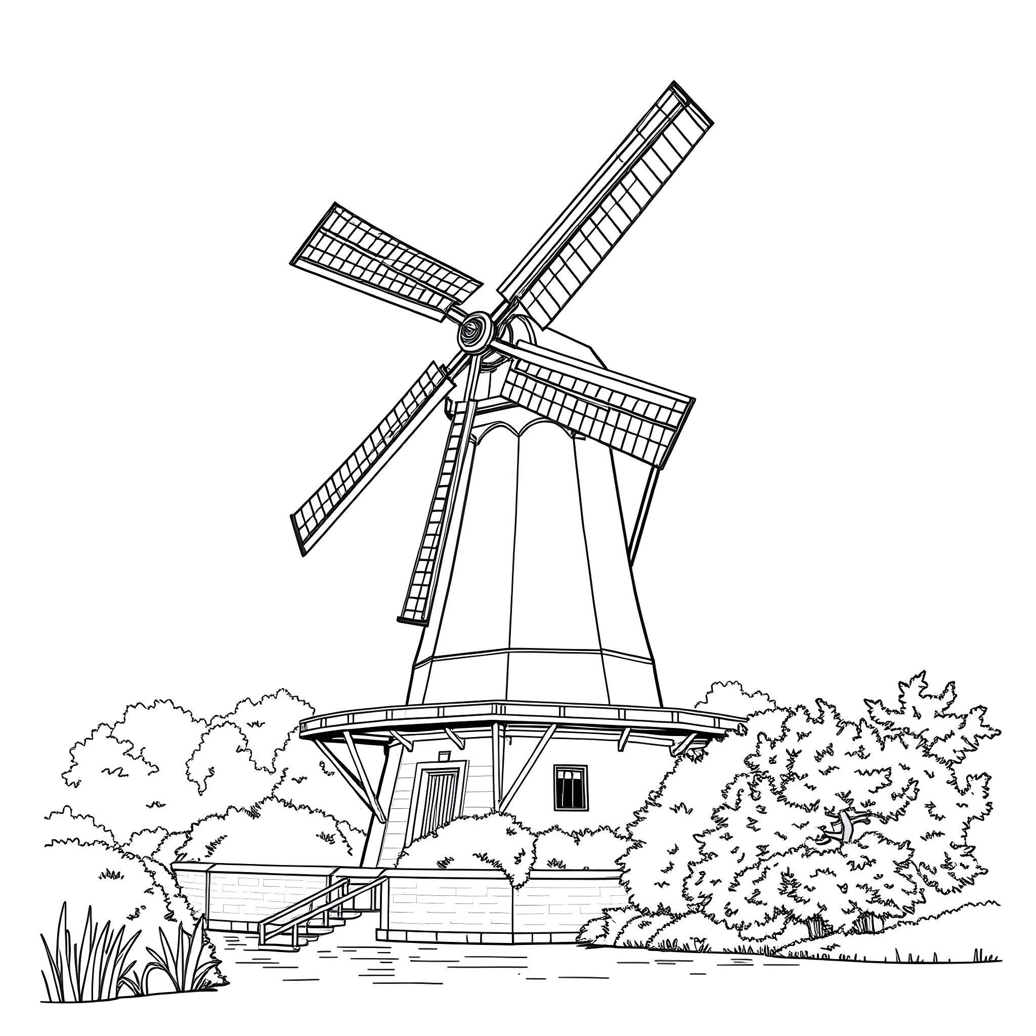 Windmill in a serene landscape Coloring Page (free black-and-white line drawing printable PDF for all, from beginners to advanced learners, including children, teens, adults, and seniors)