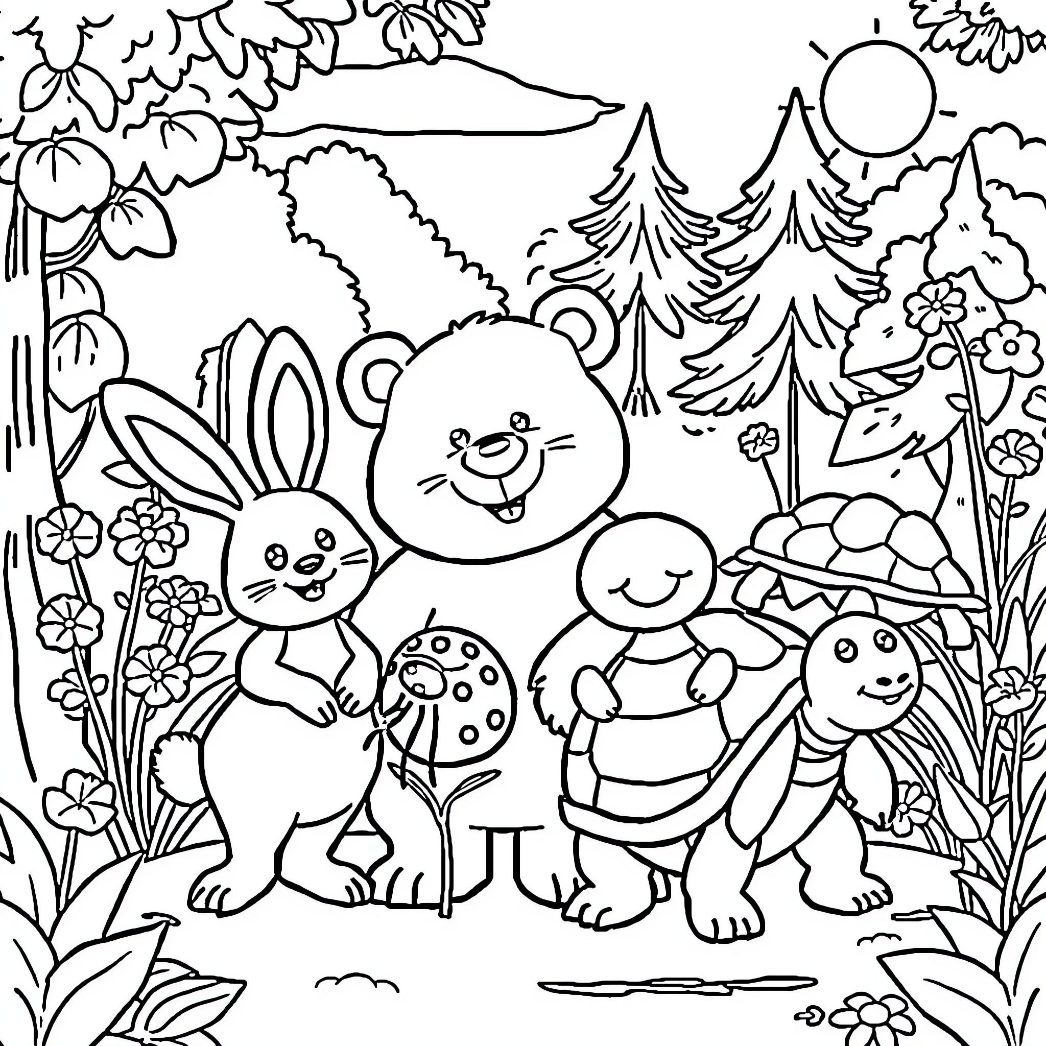 Animal friends playing in the forest Coloring Page (free black-and-white line drawing printable PDF for all, from beginners to advanced learners, including children, teens, adults, and seniors)