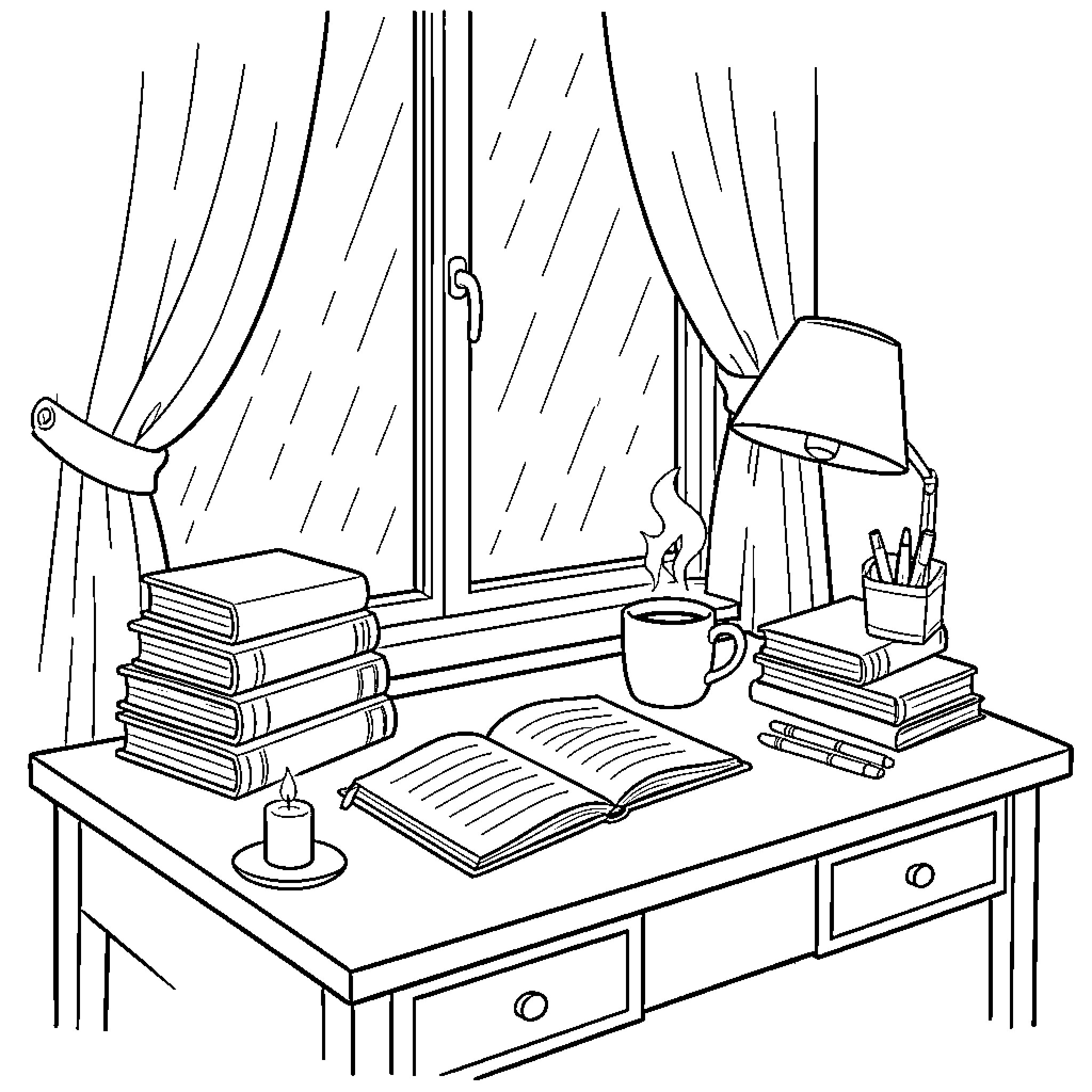 Desk with books, stationery, and window view Coloring Page (free black-and-white line drawing printable PDF for all, from beginners to advanced learners, including children, teens, adults, and seniors)