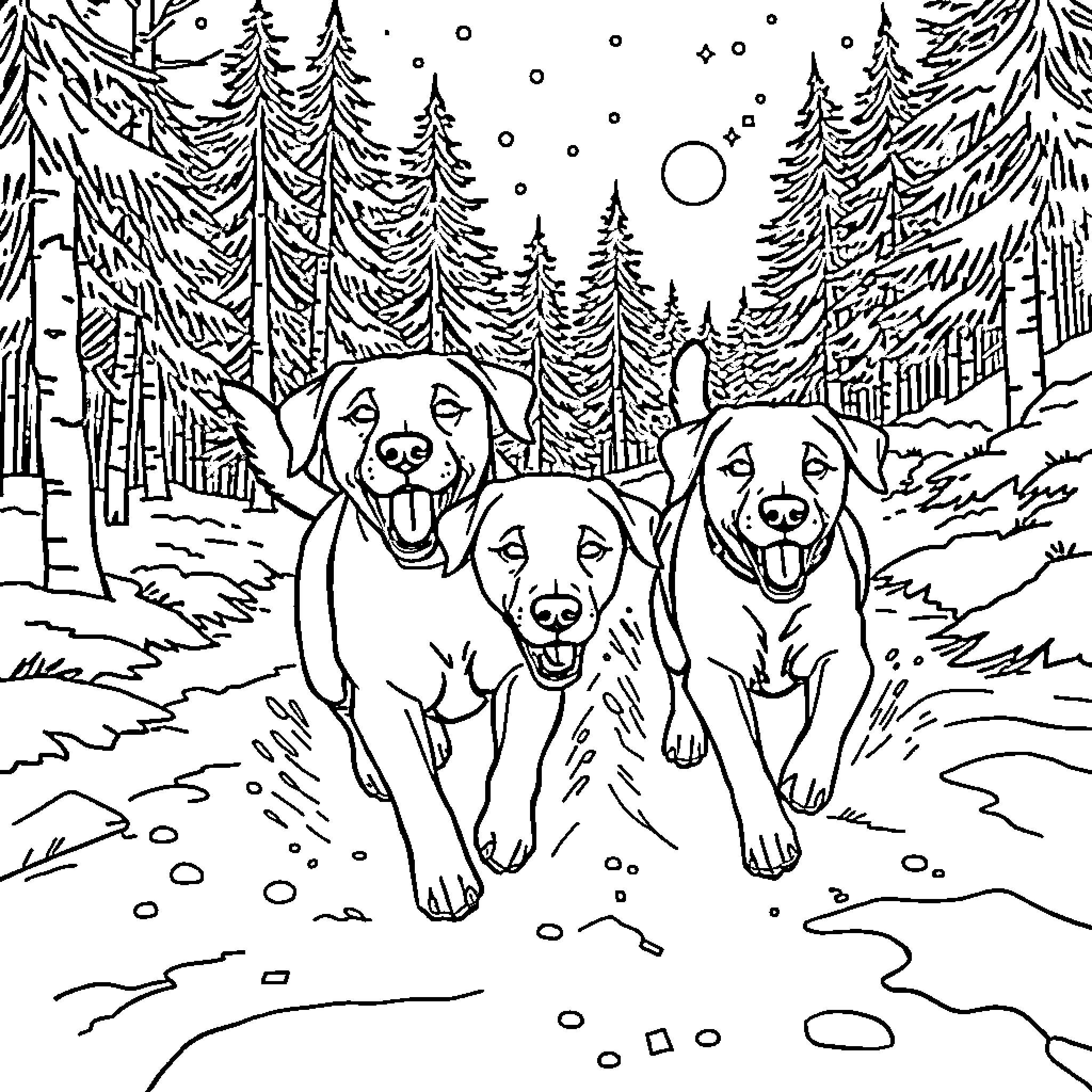Labrador dogs playing in the snowy forest Coloring Page (free black-and-white line drawing printable PDF for all, from beginners to advanced learners, including children, teens, adults, and seniors)