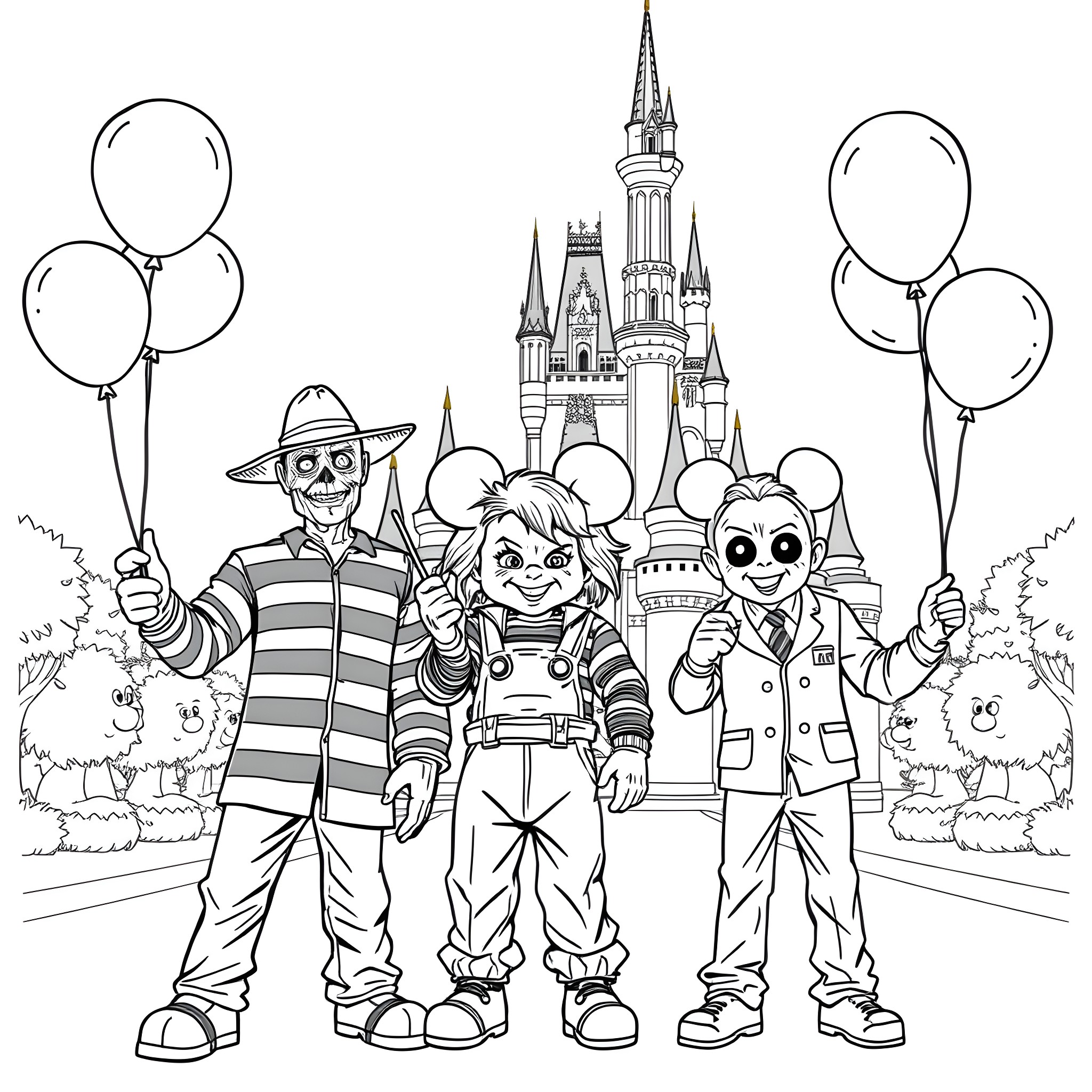 Freddy's Magical Adventure at the Enchanted Castle Coloring Page (free black-and-white line drawing printable PDF for all, from beginners to advanced learners, including children, teens, adults, and seniors)
