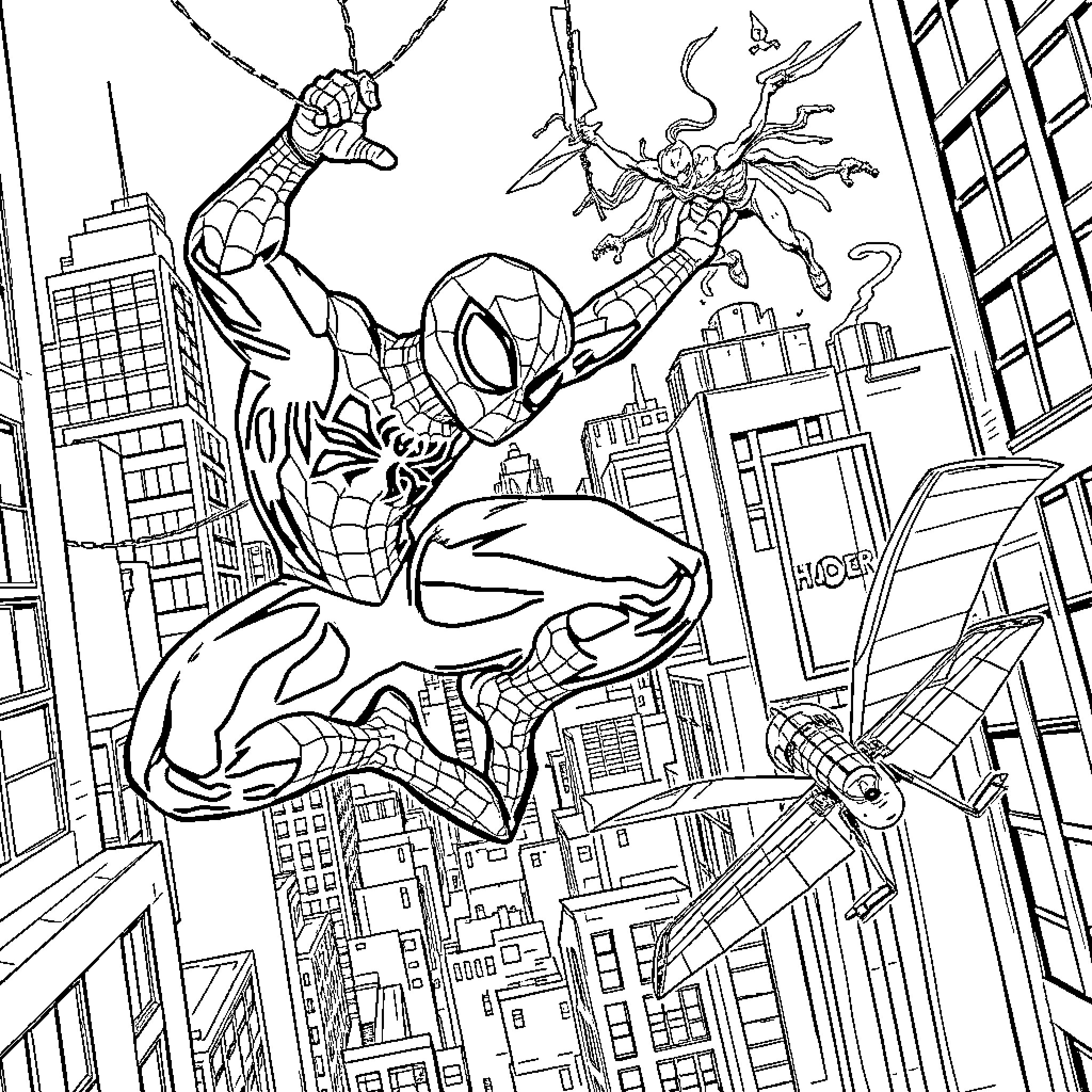 Spider-Man swinging through the city skies Coloring Page (free black-and-white line drawing printable PDF for all, from beginners to advanced learners, including children, teens, adults, and seniors)