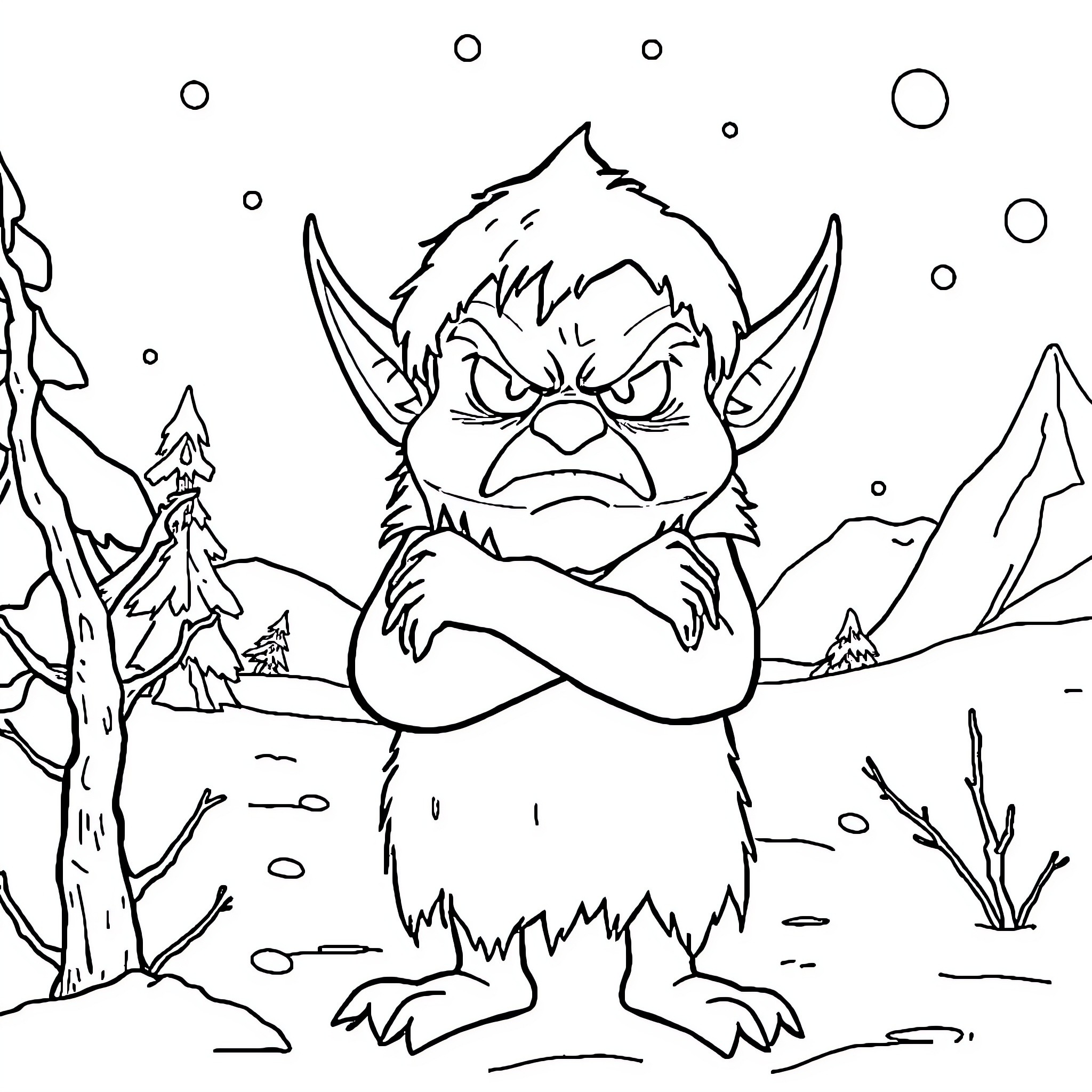 Elf warrior with fierce expression in snowy forest Coloring Page (free black-and-white line drawing printable PDF for all, from beginners to advanced learners, including children, teens, adults, and seniors)