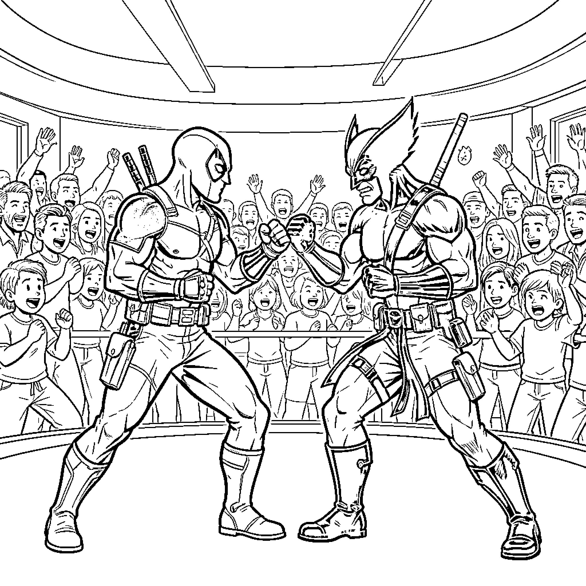 Deadpool fighting a winged warrior in a crowded arena Coloring Page (free black-and-white line drawing printable PDF for all, from beginners to advanced learners, including children, teens, adults, and seniors)