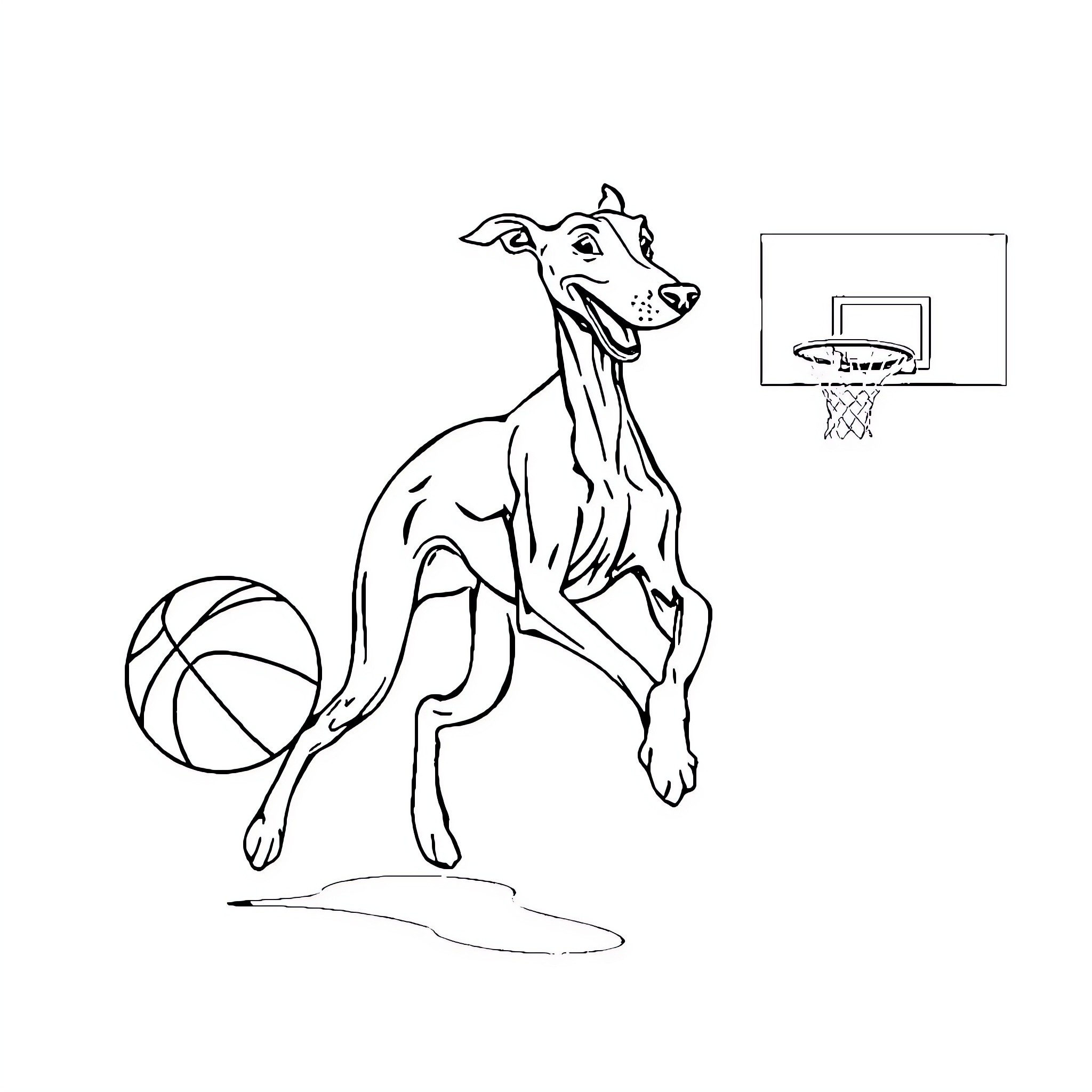 Greyhound playing basketball on the court Coloring Page (free black-and-white line drawing printable PDF for all, from beginners to advanced learners, including children, teens, adults, and seniors)