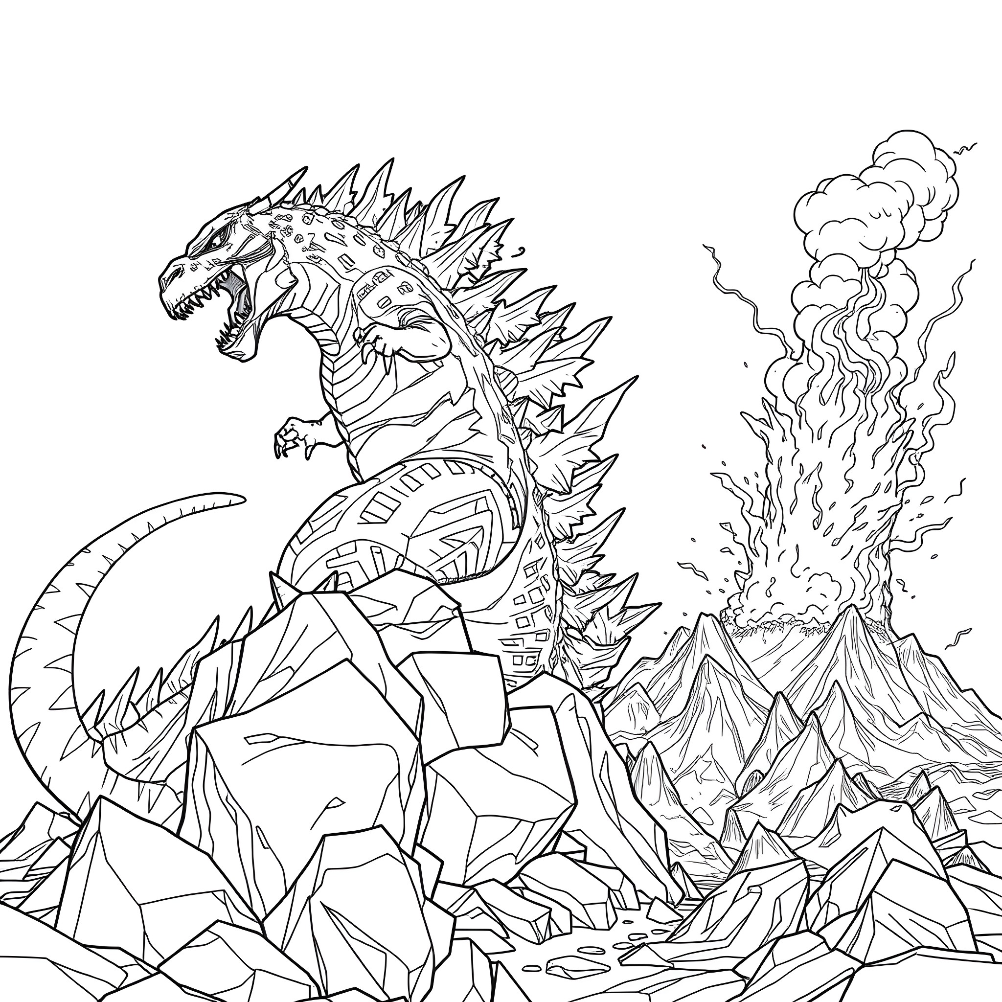 Godzilla Unleashed: Volcanic Rampage Coloring Page (free black-and-white line drawing printable PDF for all, from beginners to advanced learners, including children, teens, adults, and seniors)