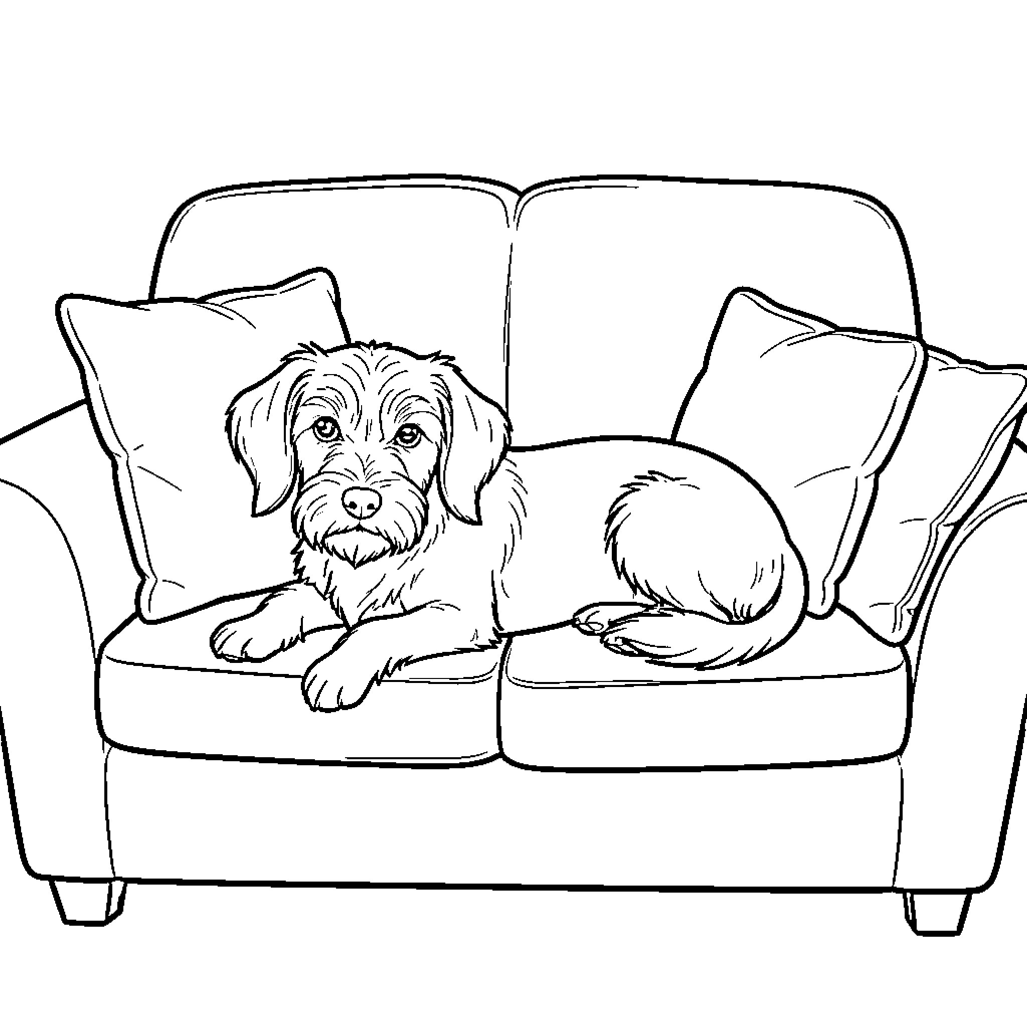 Dog resting comfortably on the sofa Coloring Page (free black-and-white line drawing printable PDF for all, from beginners to advanced learners, including children, teens, adults, and seniors)