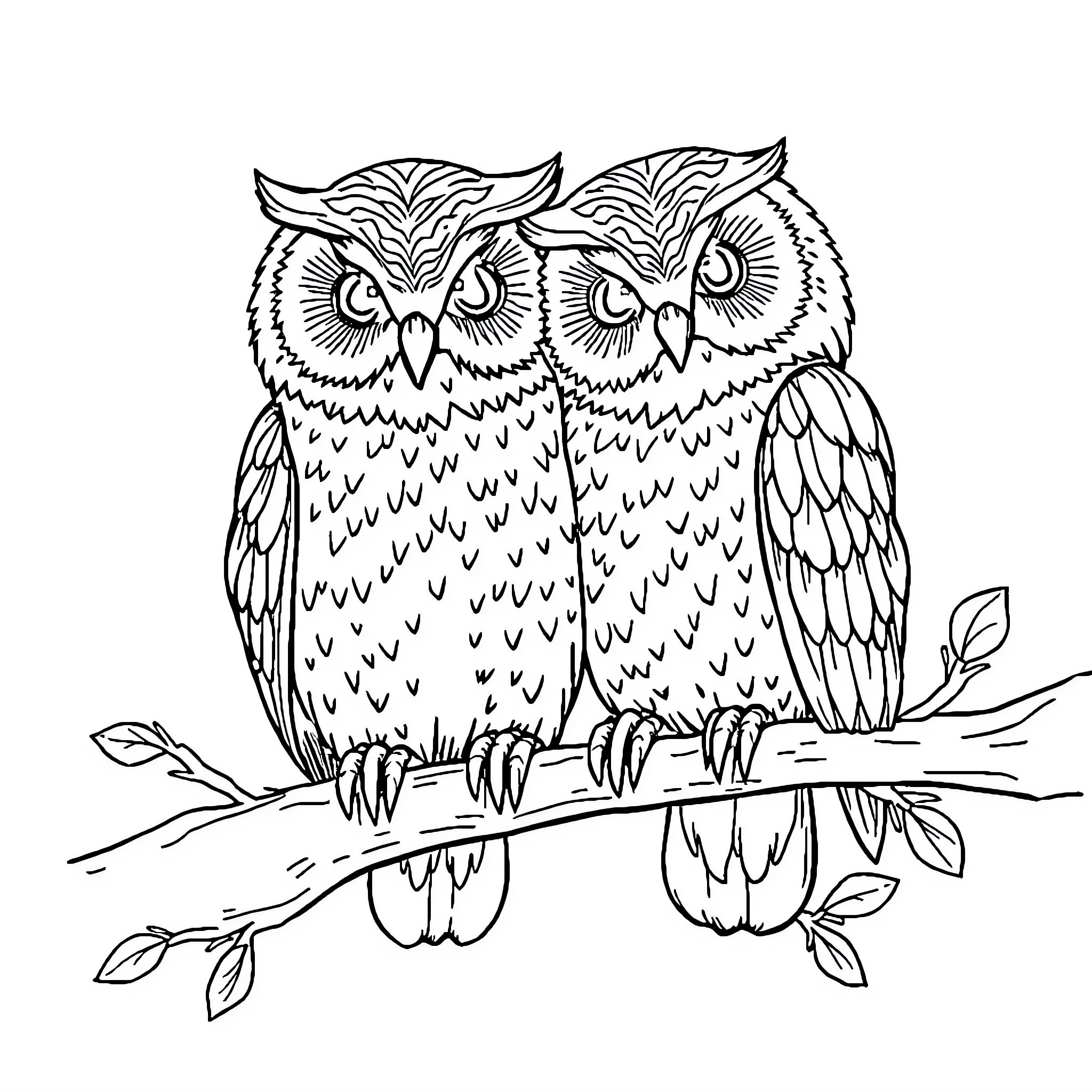 Owl pair perched on tree branch Coloring Page (free black-and-white line drawing printable PDF for all, from beginners to advanced learners, including children, teens, adults, and seniors)