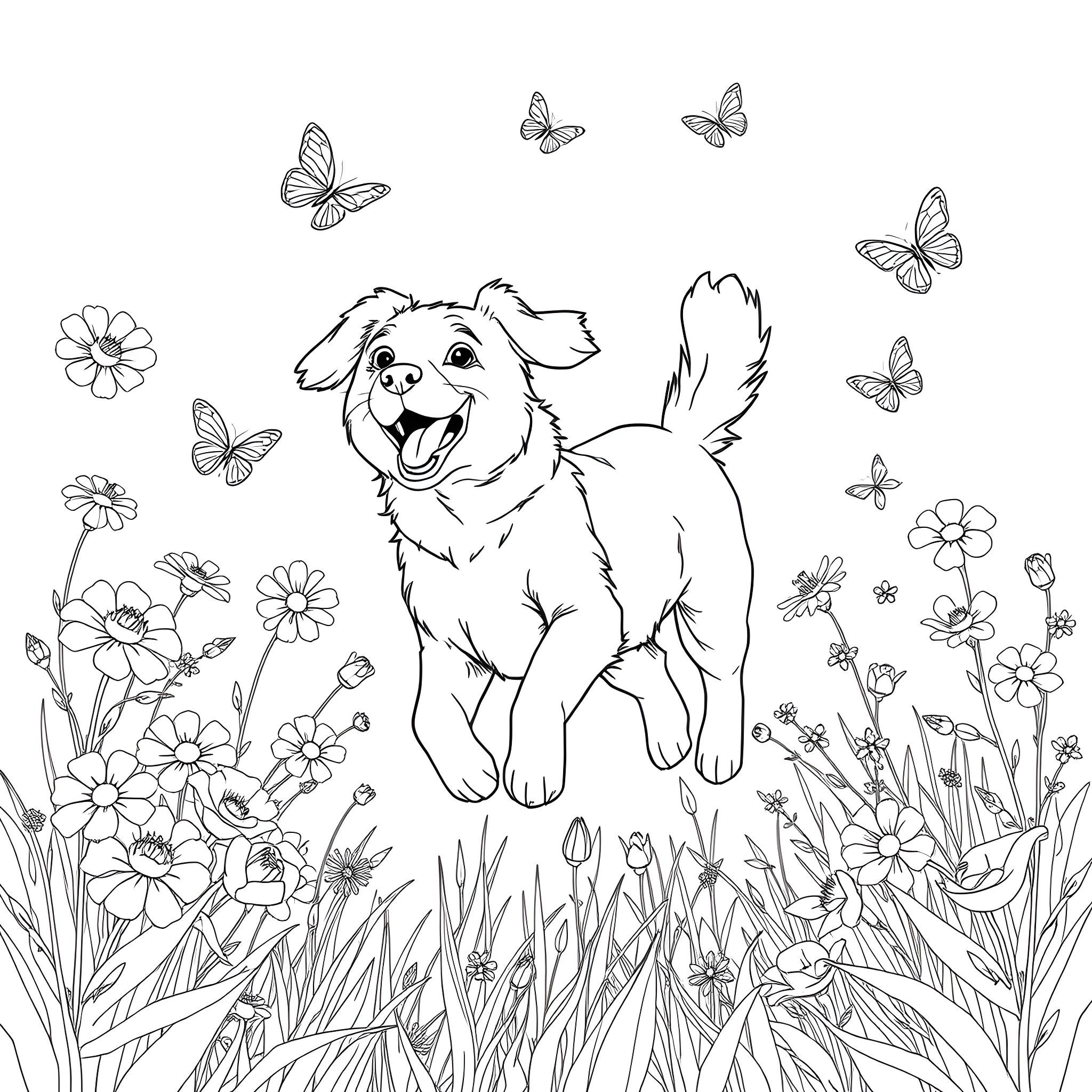 Dog joyfully exploring a flower-filled meadow Coloring Page (free black-and-white line drawing printable PDF for all, from beginners to advanced learners, including children, teens, adults, and seniors)