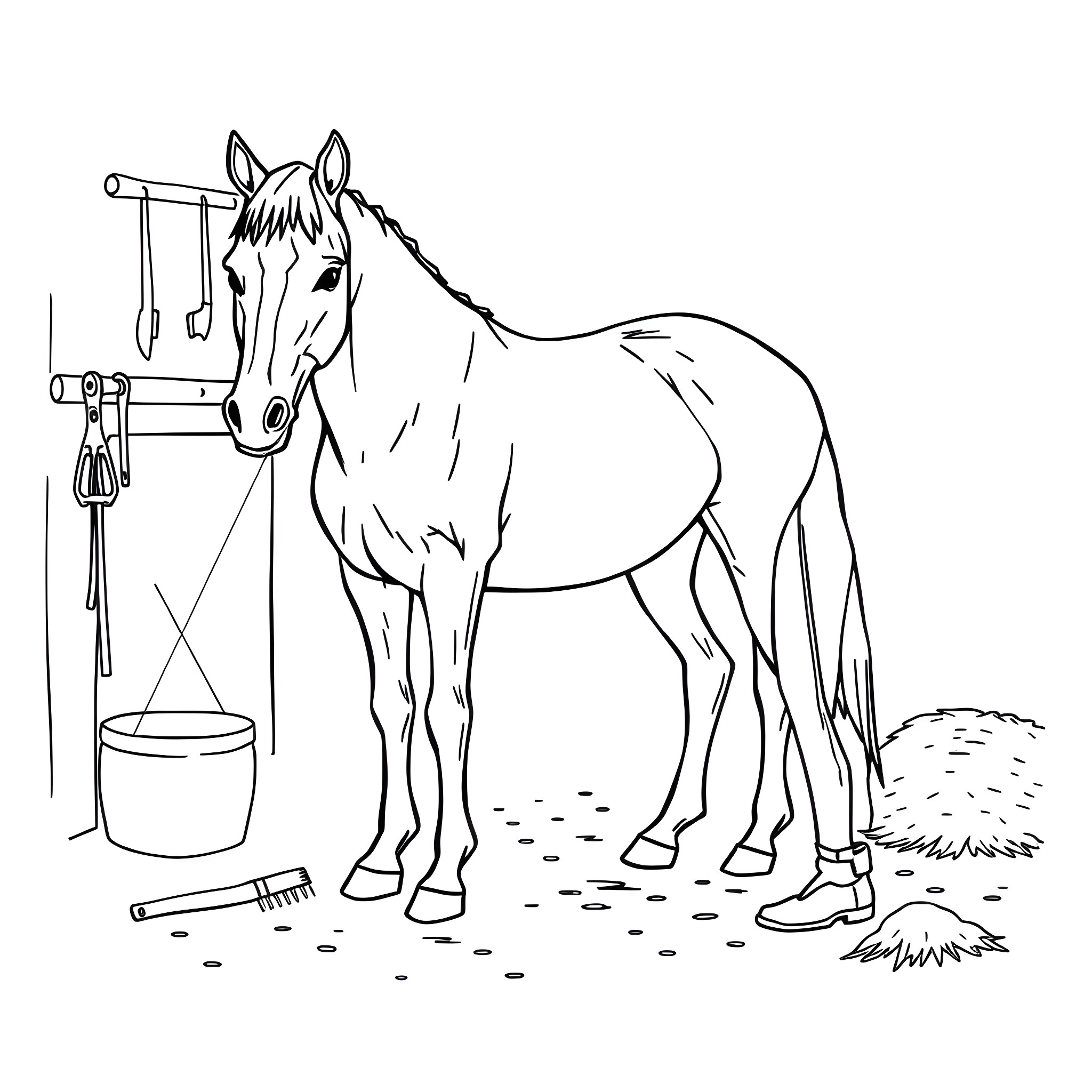 Horse Standing Near Feeding Trough and Tools Coloring Page (free black-and-white line drawing printable PDF for all, from beginners to advanced learners, including children, teens, adults, and seniors)