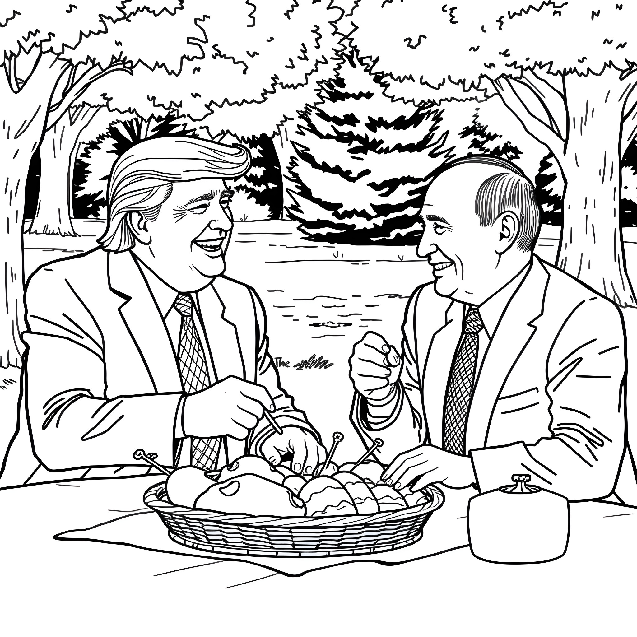 Donald Trump and political figure having a casual conversation in nature Coloring Page (free black-and-white line drawing printable PDF for all, from beginners to advanced learners, including children, teens, adults, and seniors)