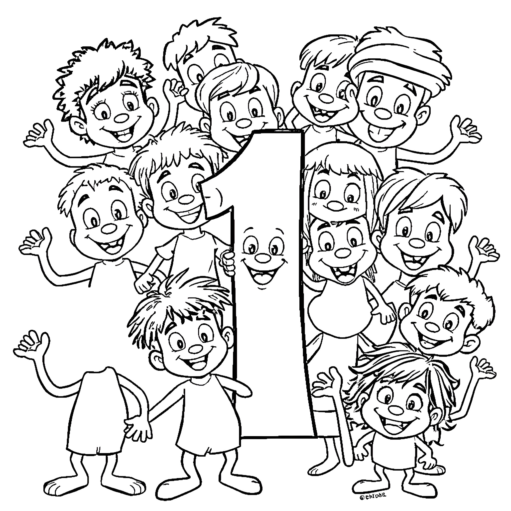 Number of Cheerful Children in a Group Coloring Page (free black-and-white line drawing printable PDF for all, from beginners to advanced learners, including children, teens, adults, and seniors)
