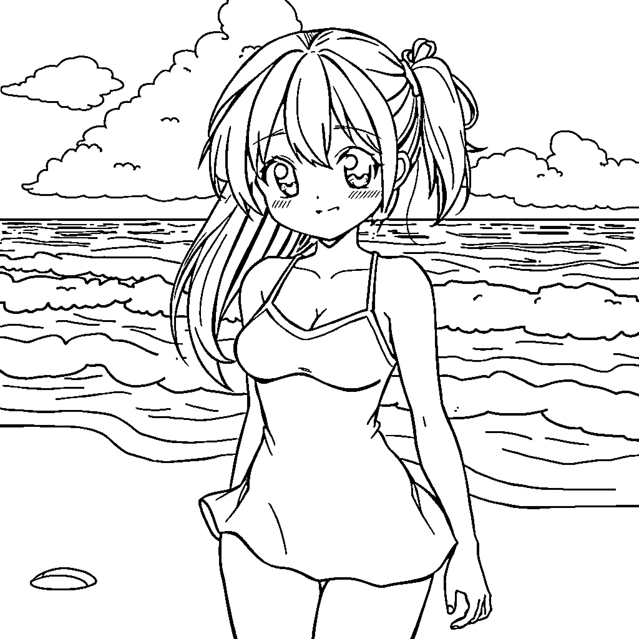 Anime Girl in Swimsuit at Beach Coloring Page (free black-and-white line drawing printable PDF for all, from beginners to advanced learners, including children, teens, adults, and seniors)