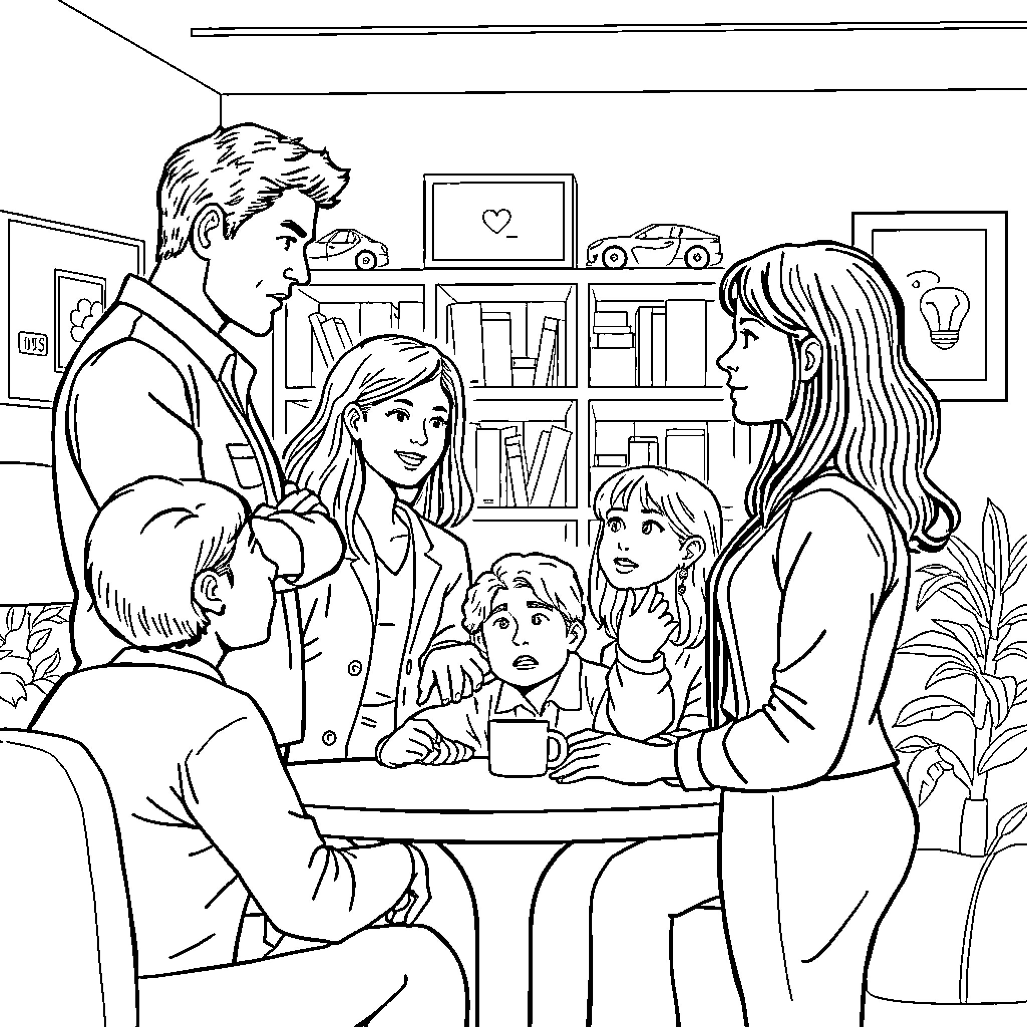 Social Worker Assisting Family in Home Setting Coloring Page (free black-and-white line drawing printable PDF for all, from beginners to advanced learners, including children, teens, adults, and seniors)