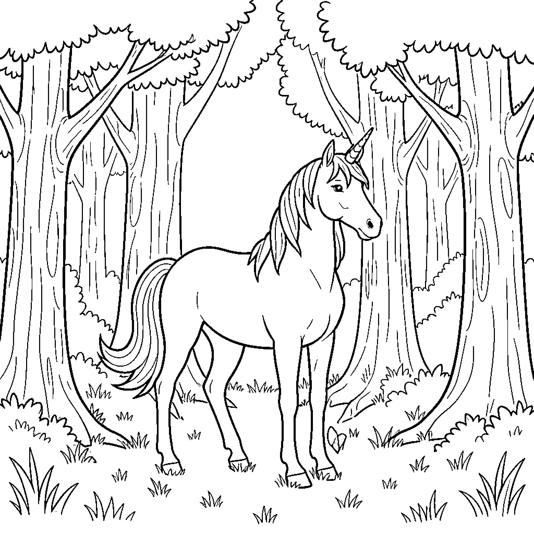 Unicorn standing calmly in a peaceful forest Coloring Page (free black-and-white line drawing printable PDF for all, from beginners to advanced learners, including children, teens, adults, and seniors)