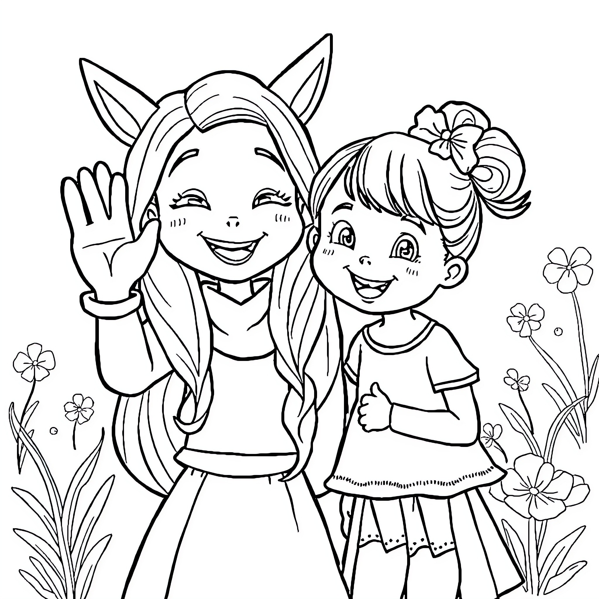 Kytti's Playtime Adventure with Friend Coloring Page (free black-and-white line drawing printable PDF for all, from beginners to advanced learners, including children, teens, adults, and seniors)