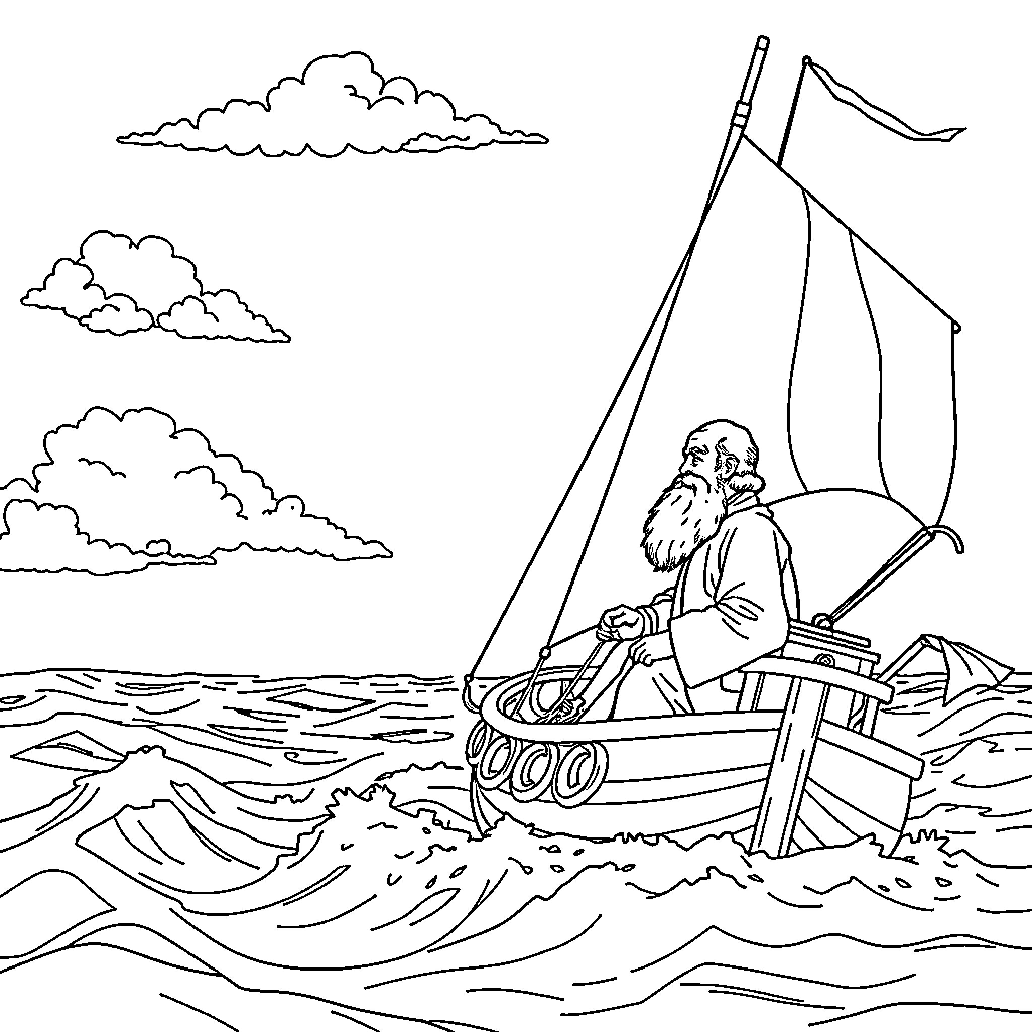 Charles Darwin sailing on a small boat in the stormy sea Coloring Page (free black-and-white line drawing printable PDF for all, from beginners to advanced learners, including children, teens, adults, and seniors)