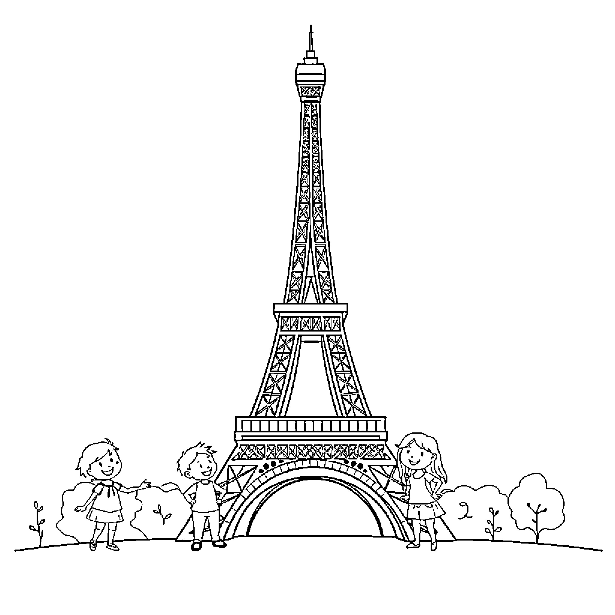 Eiffel Tower with playful children Coloring Page (free black-and-white line drawing printable PDF for all, from beginners to advanced learners, including children, teens, adults, and seniors)