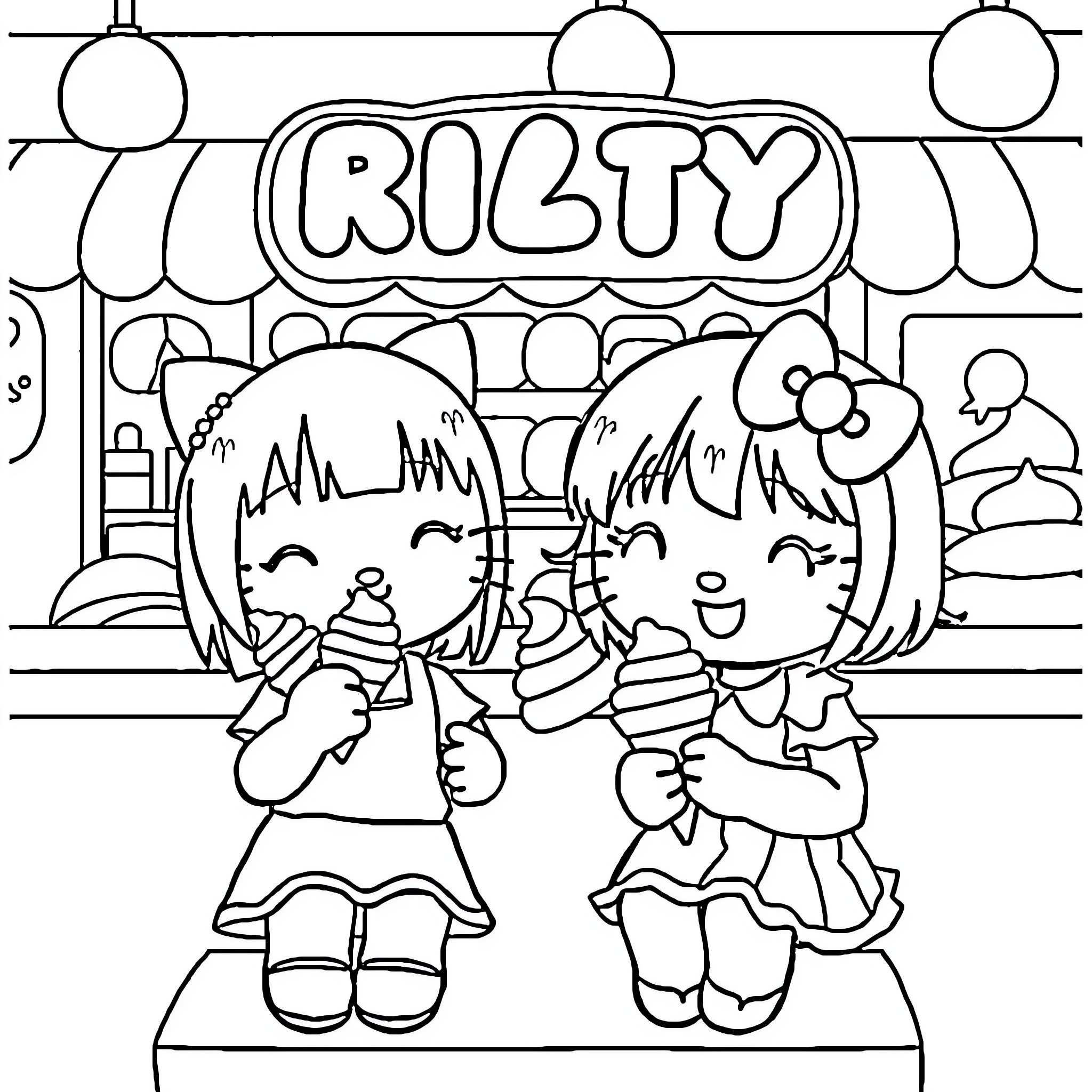 Kuromi and friends enjoying a fun carnival Coloring Page (free black-and-white line drawing printable PDF for all, from beginners to advanced learners, including children, teens, adults, and seniors)