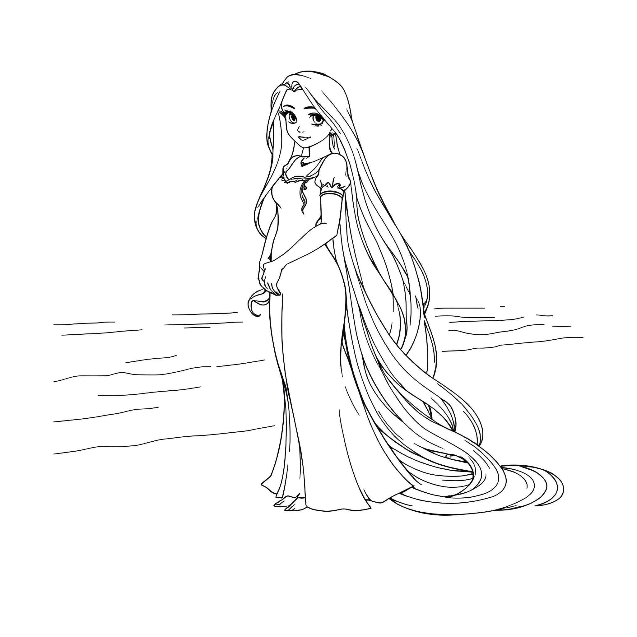 Rapunzel's Enchanting Pose by the Seaside Coloring Page (free black-and-white line drawing printable PDF for all, from beginners to advanced learners, including children, teens, adults, and seniors)