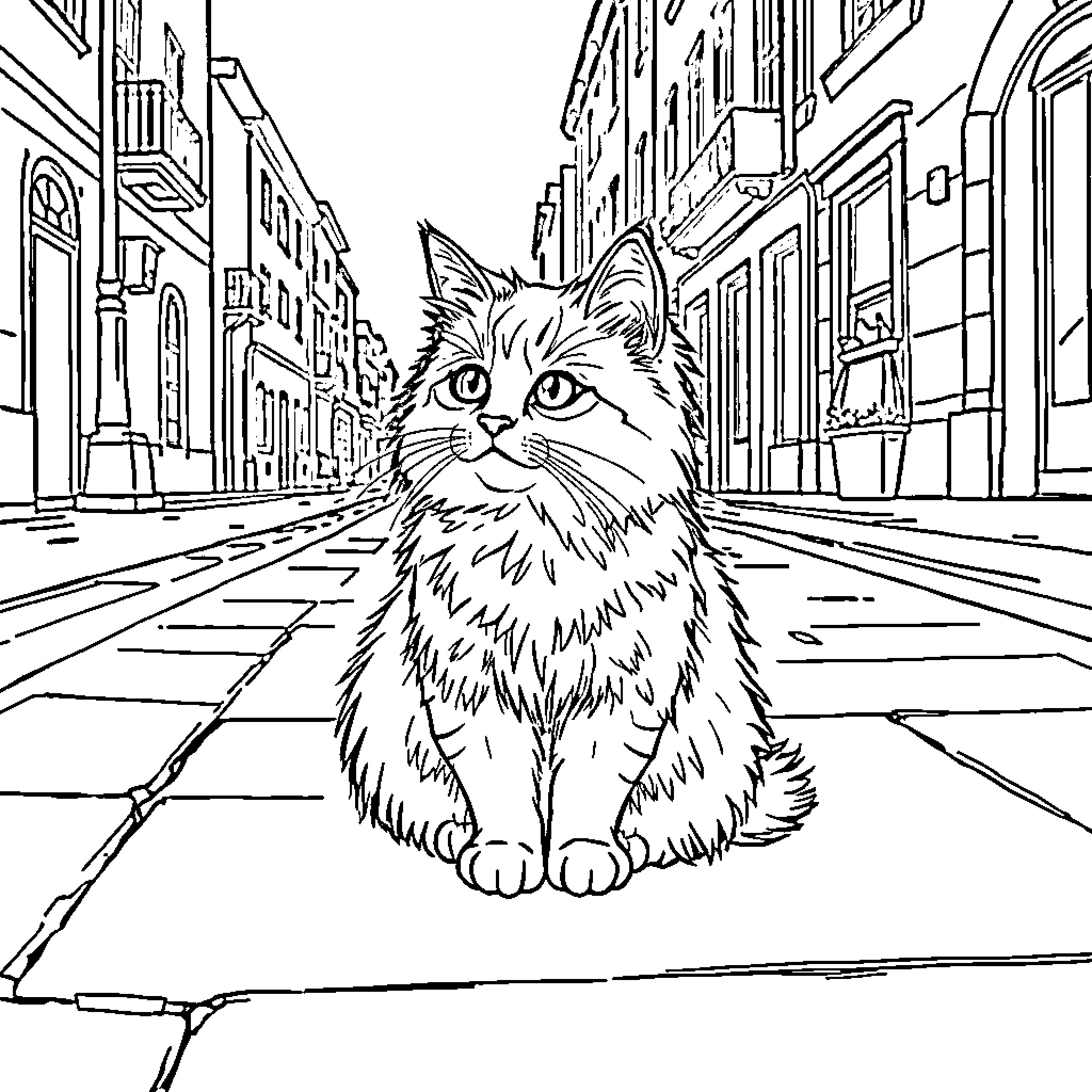Cat exploring a city street Coloring Page (free black-and-white line drawing printable PDF for all, from beginners to advanced learners, including children, teens, adults, and seniors)