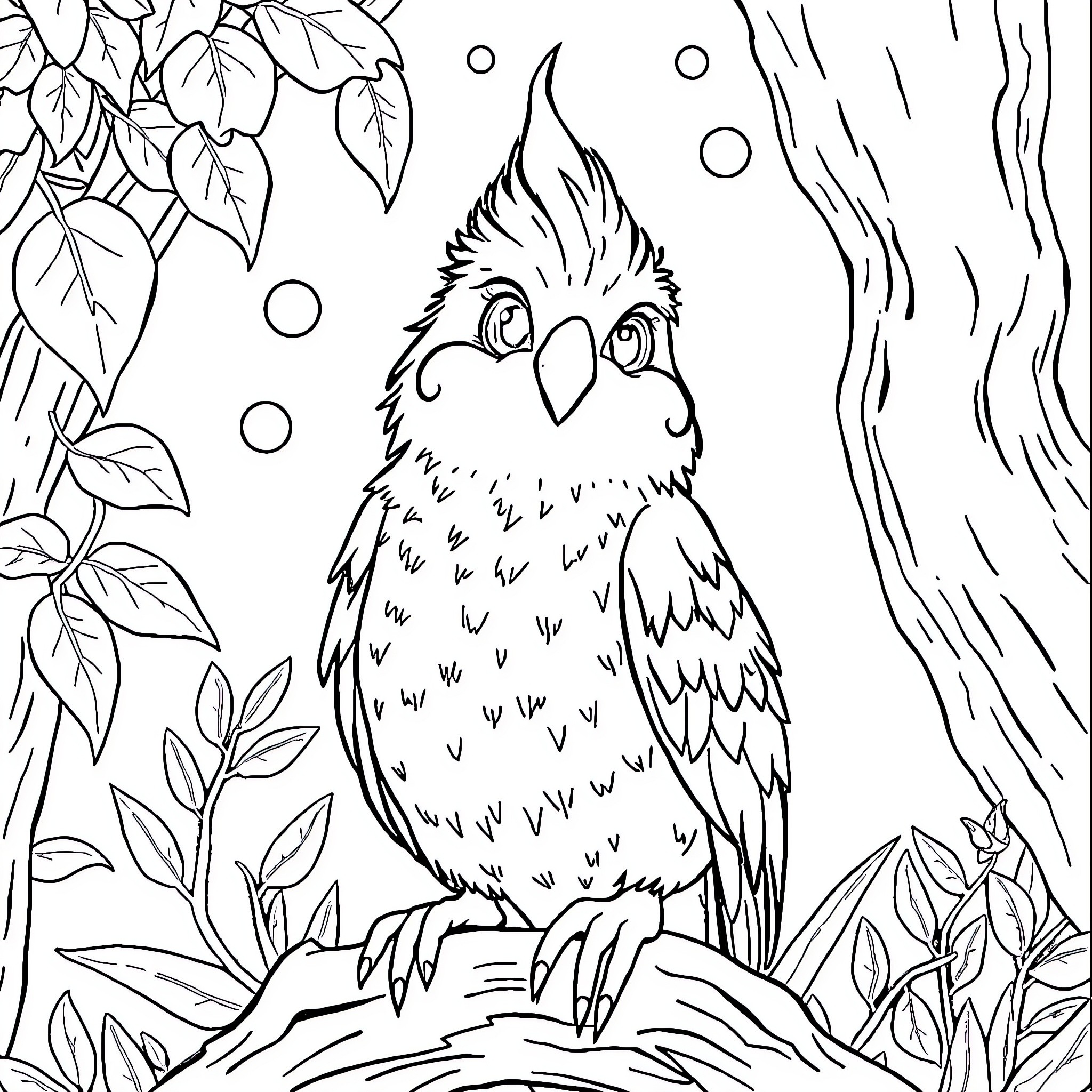Rabbit bird perched amidst nature Coloring Page (free black-and-white line drawing printable PDF for all, from beginners to advanced learners, including children, teens, adults, and seniors)