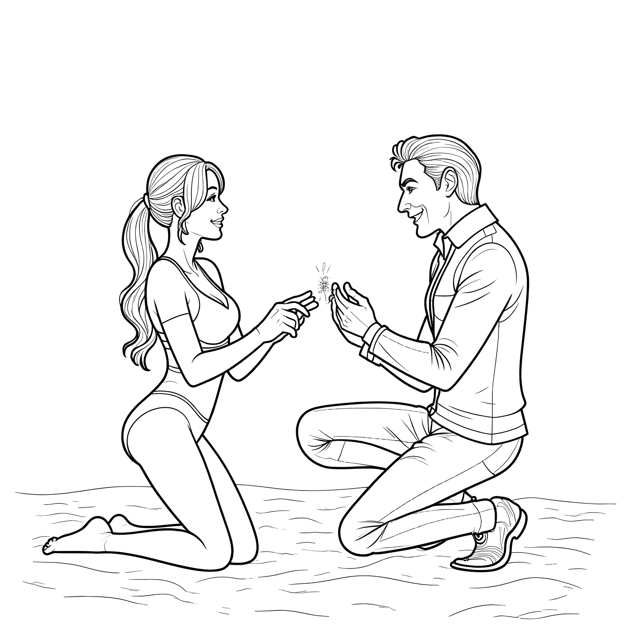 Joker proposes to his beloved on the beach Coloring Page (free black-and-white line drawing printable PDF for all, from beginners to advanced learners, including children, teens, adults, and seniors)