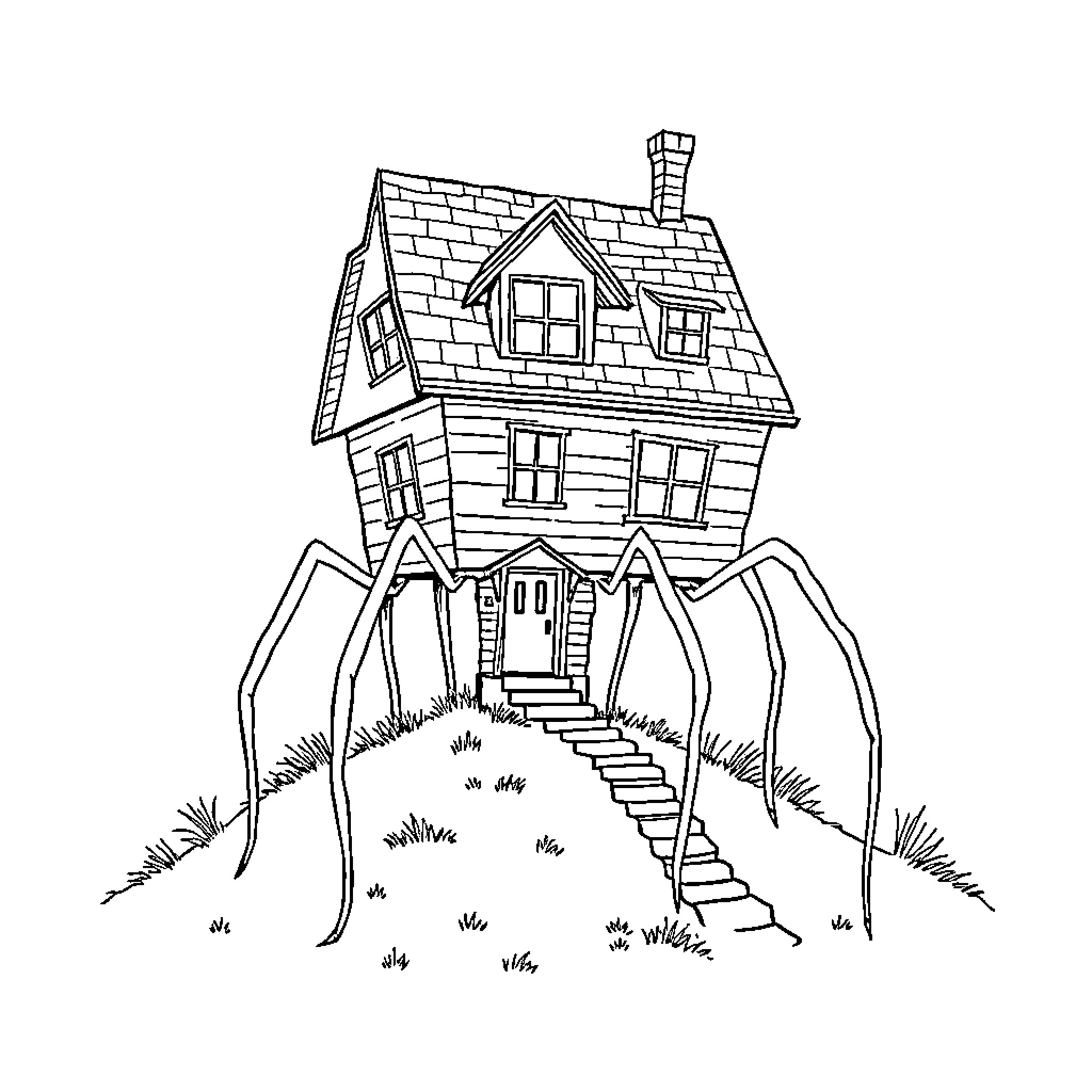 House on Stairs with Spiderlike Legs Coloring Page (free black-and-white line drawing printable PDF for all, from beginners to advanced learners, including children, teens, adults, and seniors)