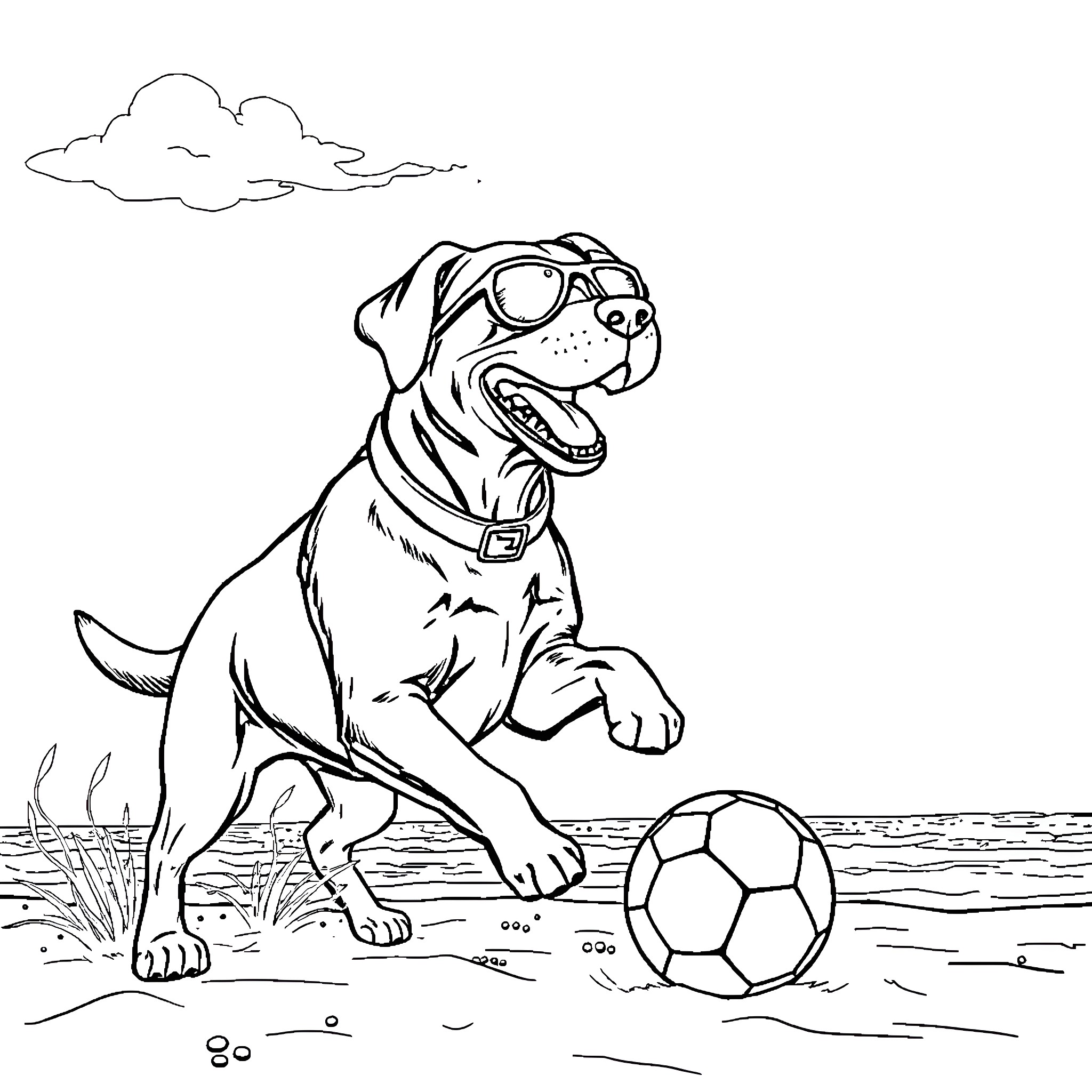 Labrador playing with soccer ball outdoors Coloring Page (free black-and-white line drawing printable PDF for all, from beginners to advanced learners, including children, teens, adults, and seniors)